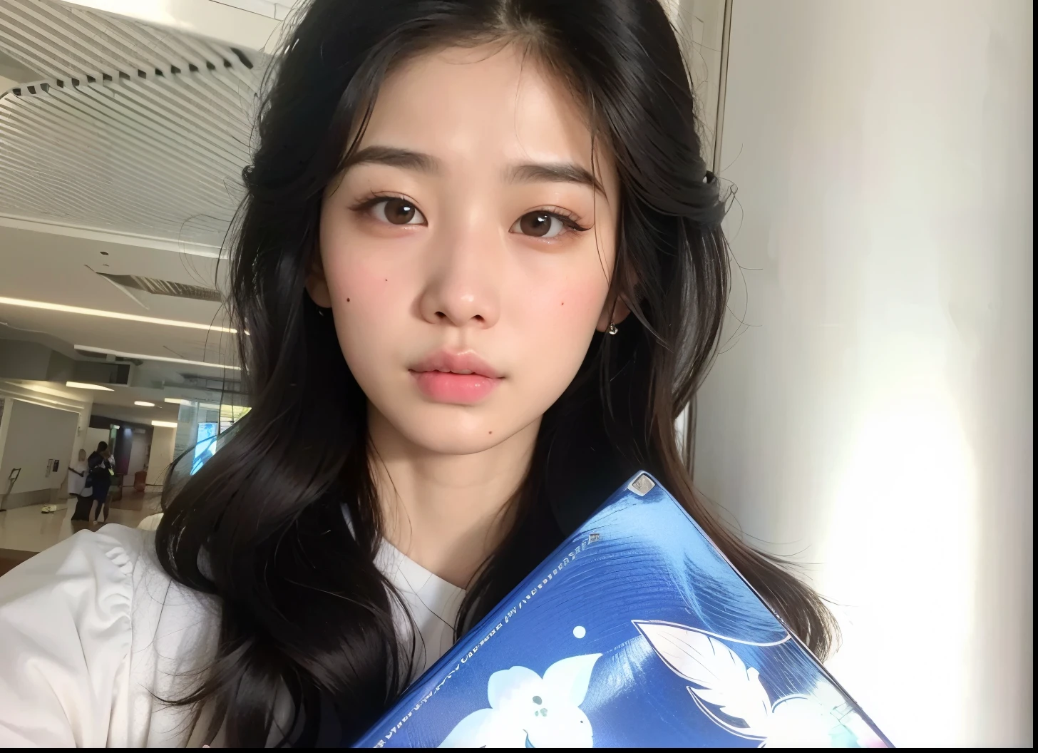 arafed woman holding a blue and white box in her hands, south east asian with round face, young cute wan asian face, without makeup, wenfei ye, xision wu, young adorable korean face, louise zhang, bae suzy, asian face, jaeyeon nam, xintong chen, blackpink jennie, yanjun chengt, gemma chen, gongbi