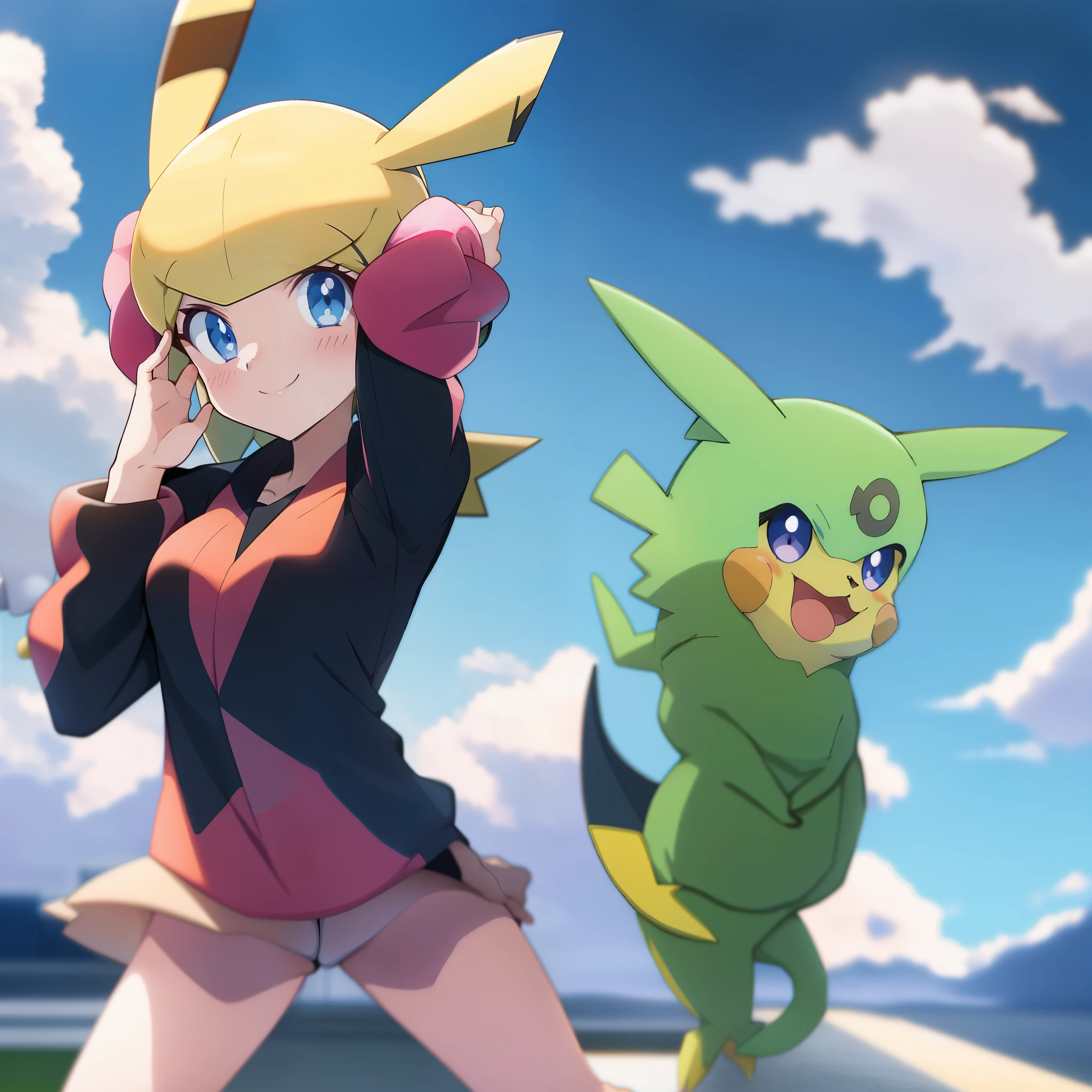 Pokemon girl with Pikachu hat and baseball bat, official artwork, official art, High quality anime art style, Kushat kenz, pokemon art style, high quality fan art, Mika Pikazo, Kushat, wonderful, Also, ポケモンanime style, anime style」, Artjam and Ati Gailan, Cute girl anime visual, pokemon trainer