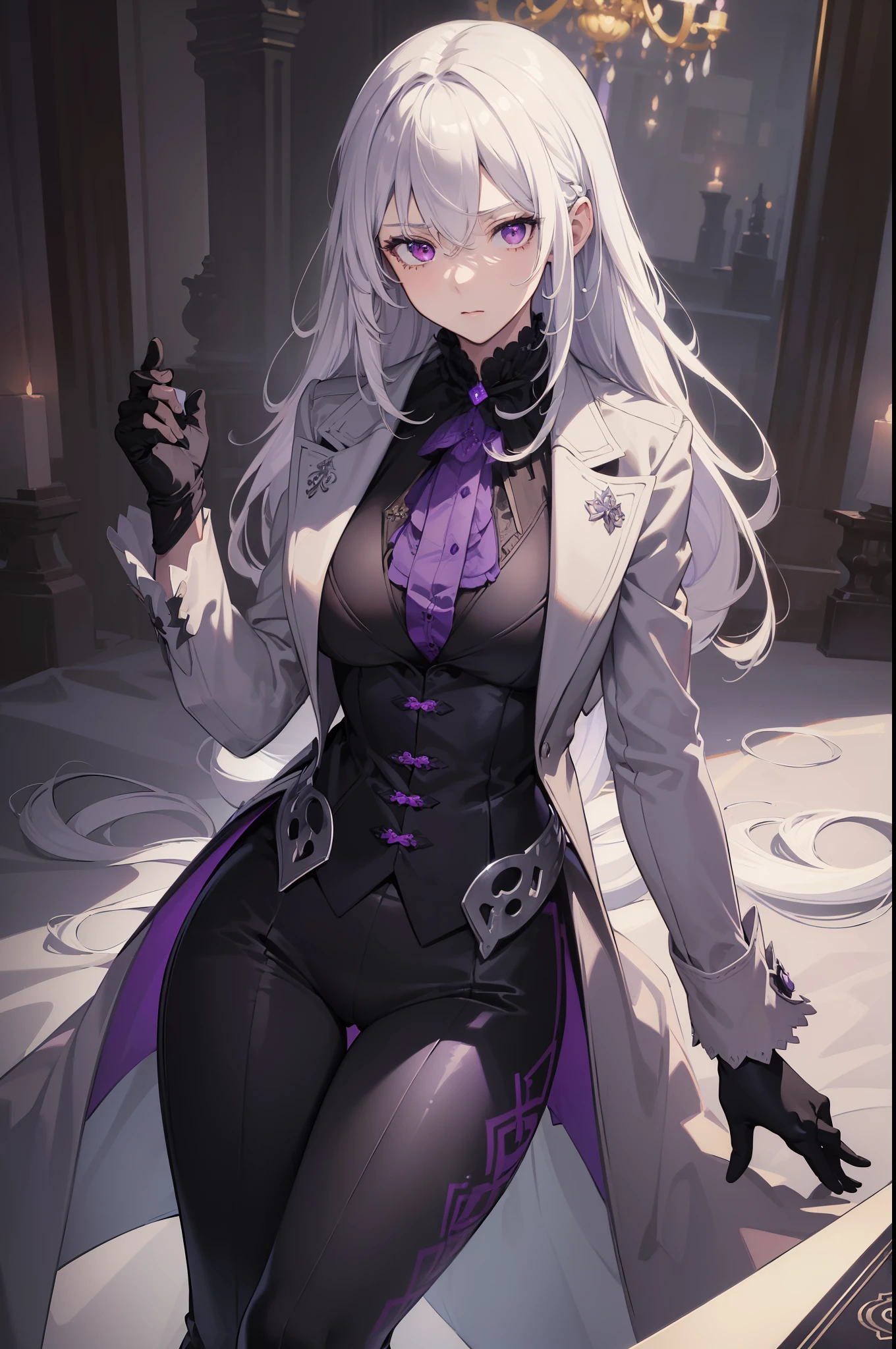 (best quality:1.3), (masterpiece:1.3), (illustration:1.3), (ultra-detailed:1.3), (mid shot:0.9), 1girl, solo, ((long hair, white hair, purple eye, grey coat)), large breasts, black pants, serious expression, tall, mature, elegant, black gloves, black pants, grey vest, grey shirt,