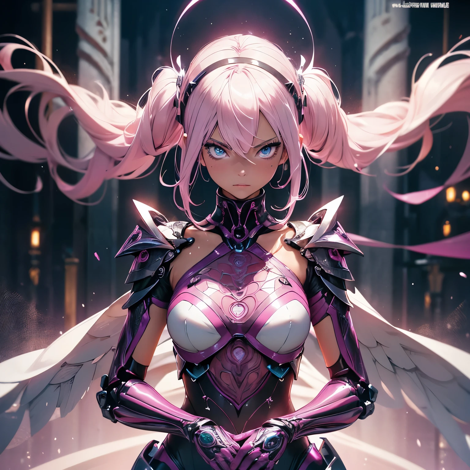 Female pink mech sculpture,Skysky,The mech is rich in detail,Mechanical skin texture,Silver robot wing detail,Silver lightning ball