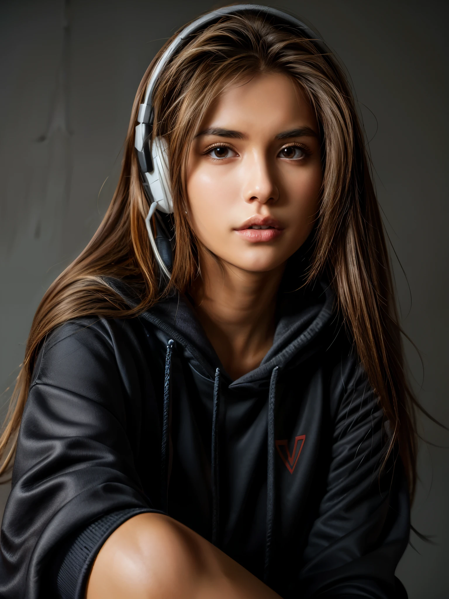 long straight dark brown haired gamer girl leaning into the camera, three-quarter headshot:1.2, lean body, fit body, photo from front above, dark red hoodie:1.2, straight hair, large leather gamer headphones:1.2, skintight black top:1.2, looking at viewer, realistic, 4k, cinematic lighting, perfect, soft lights, intricate details:1.2, high resolution skin:1.2, realistic skin texture, realistic face, perfect anatomy, lean girl, fit girl, sfw:1.2, jumper:1.2, hoodie:1.2, headphones:1.2, round breasts:1.2, perfect symmetry:1.2
