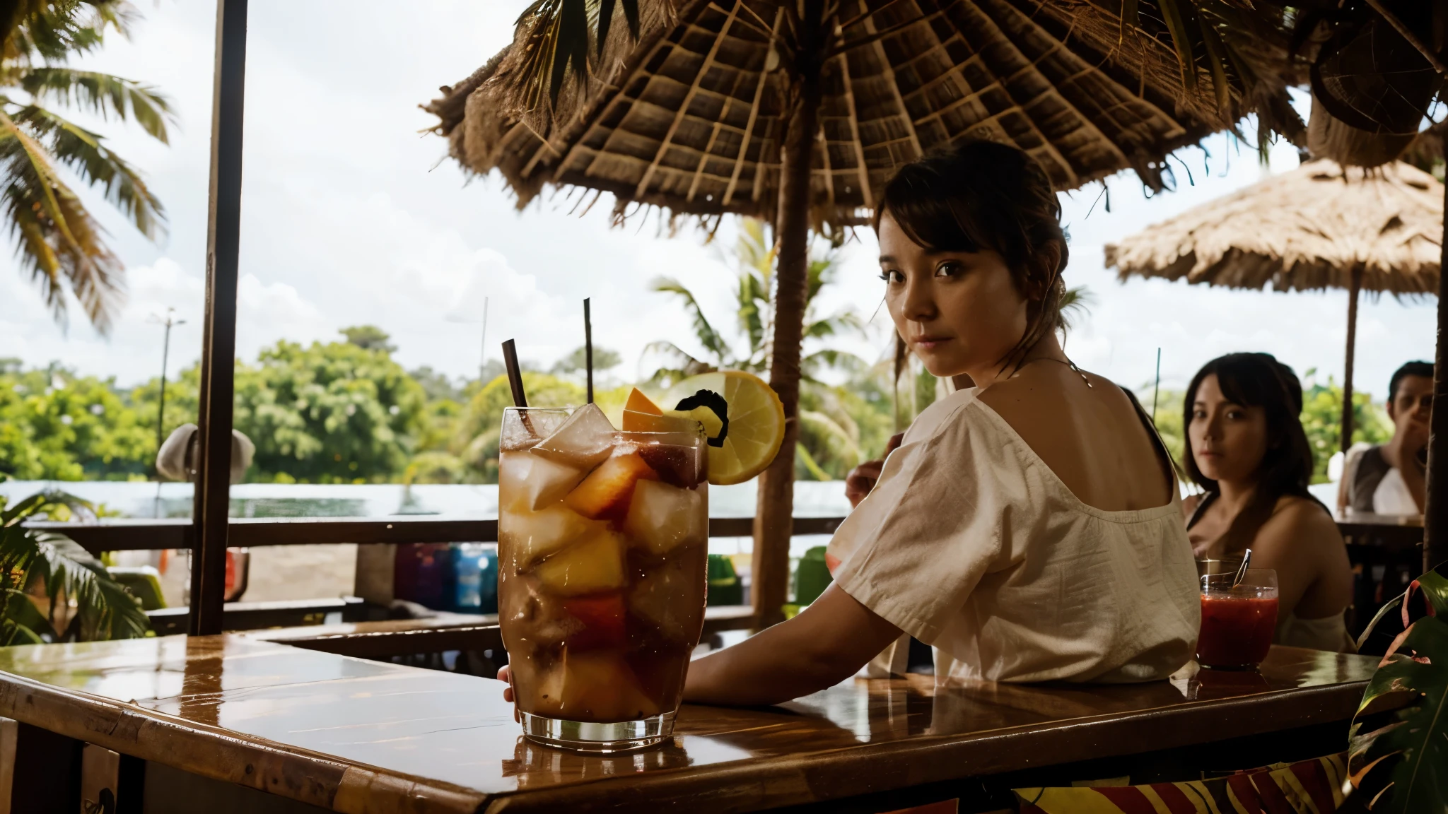 tropical drink, behind is the bar defocus, 8k,24mm lens, high quality, a little be colorful,dramatic light, perfect view