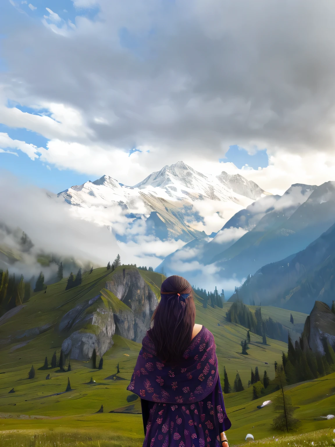 A beautiful chubby woman 2 seeing the Dhauladhar mountains from the grassland wearing blue colour plazo
