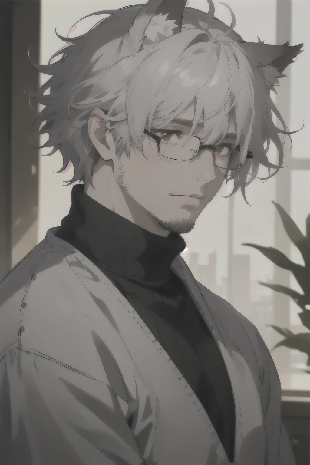 midjourney, ((best quality)), ((masterpiece)), (detailed), perfect face, 1male, handsome male, (30 to 40 years old), ((silver hair, short hair, messy hair, long bangs)), (stubble: 1.5), ((red eyes)), depth of field, glasses, (dark circles under eyes: 1.3), (chubby: 1.4), (black turtleneck: 1.3), (wrinkles: 1.3), (wolf ears: 1.5), (solo: 1.5)