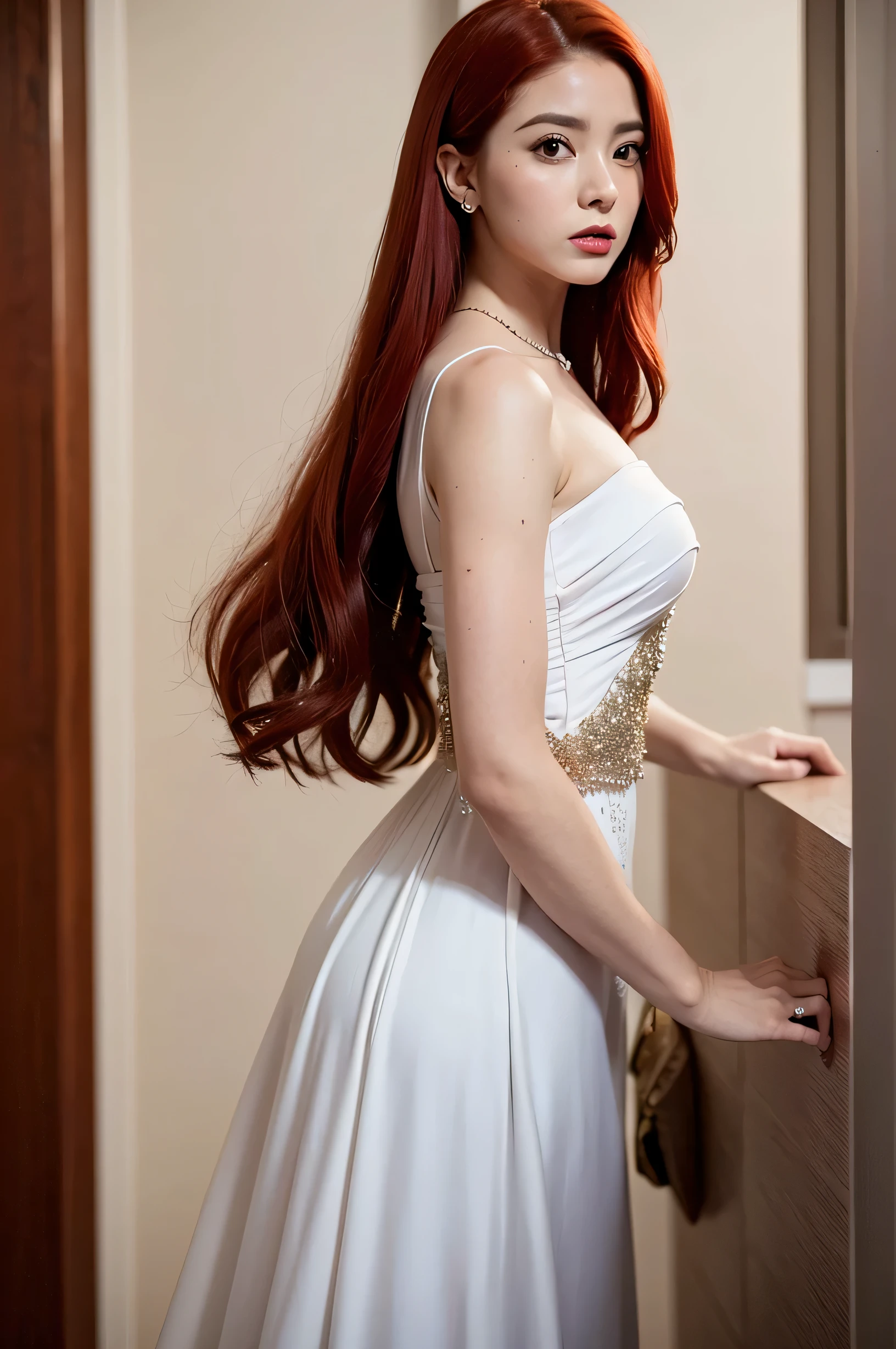 An attractive woman with red hair and a serious face, vestida elegante com vestido, hiper realista absurdo, foto crua, 8K UltraHD, alta qualidade, Film grain, (pele altamente detalhada:1.2)