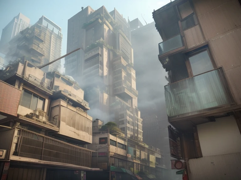 Buildings in the city with many tall buildings in the background, Buildings and smoke, mist below buildings, High-rise buildings on both sides, Neat and dense buildings, fine smoke coming from a building, In a tropical dystopic city, high-rise buildings in the background, skyscrapers in the background, high-rise building, sci-fi mumbai, dusty abandoned shinjuku