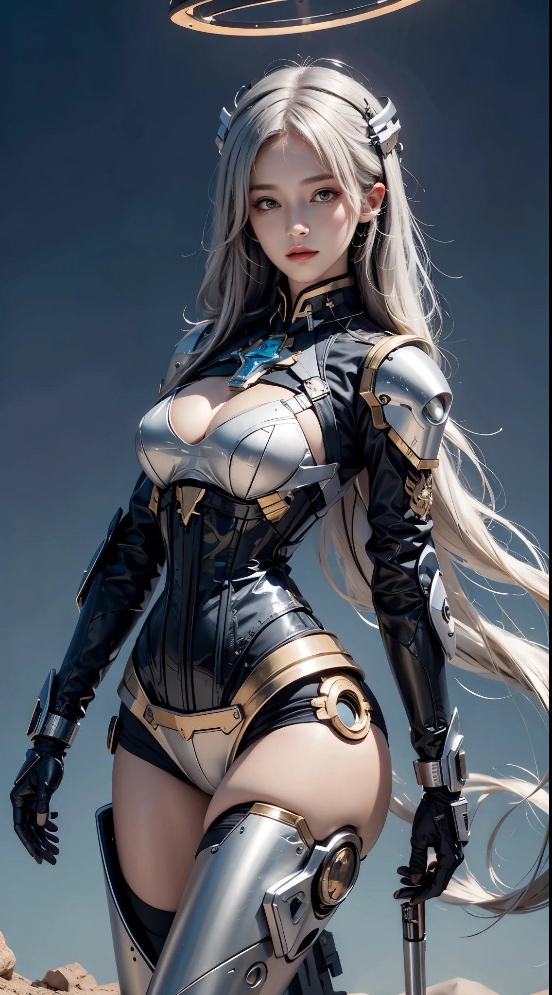 realistically, high resolution, 1 woman, butt lift, , Mecha girl,Mechanical Parts,  joints,single mechanical arm, hat, Mechanical Halo,Star Hello,Complex mechanical suit, mecha corset, Straight A&#39;s, White mecha body