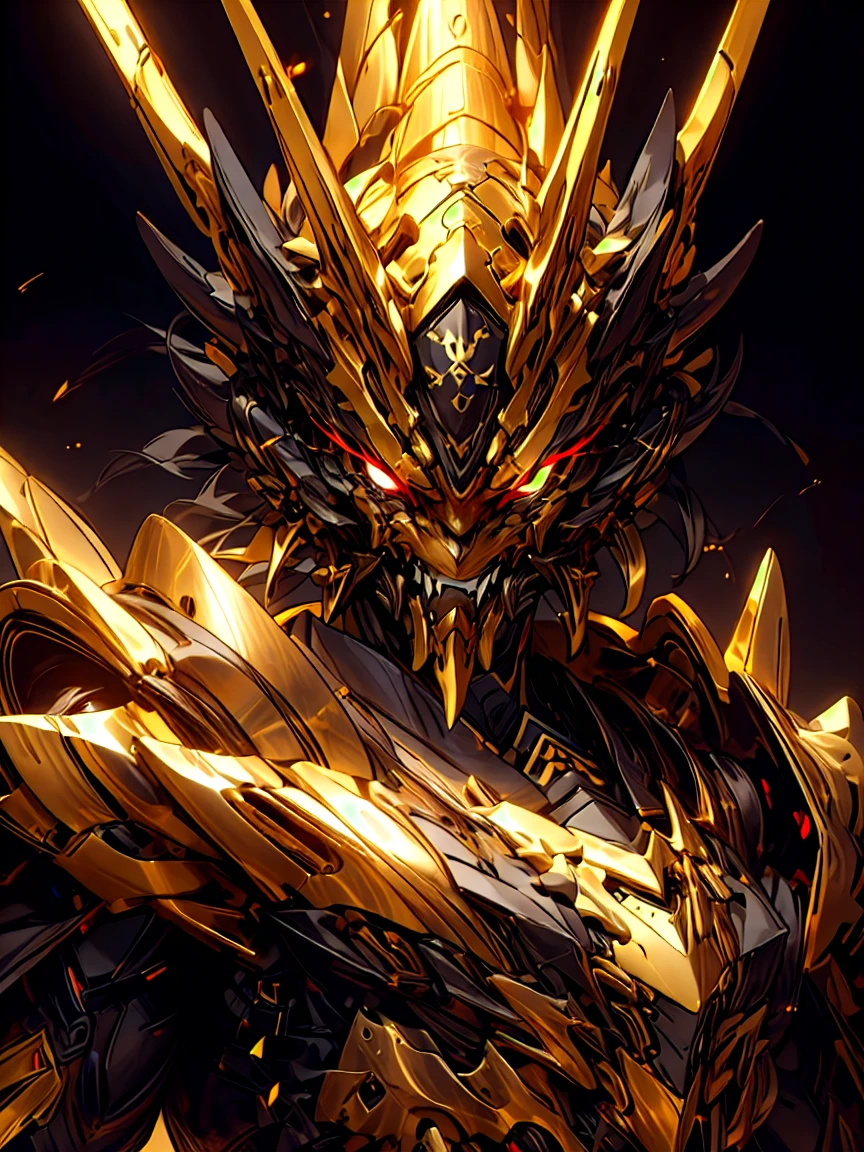 giant mecha, ((close up of face)), Western armor inspired by ninjas, Has an assault rifle, cute face, ((Ninja mask imitating a demon, Mecha&#39;s mouth)), open your mouth and show your fangs, muscular, toned body, small breasts, (silver hair), red highlights, four red eyes, (acrobatic pose:1.1), top of the mountain, view audience, ((black and gold armor)), long hair, Perfect Hip, serious expression, masterpiece, highest quality, 8K, Super detailed, perfect face, detailed face, fine eyes, hard lighting, dynamic shadow, maximum clarity and sharpness, multilayer texture, Increase depth of field, sunlight shines in,