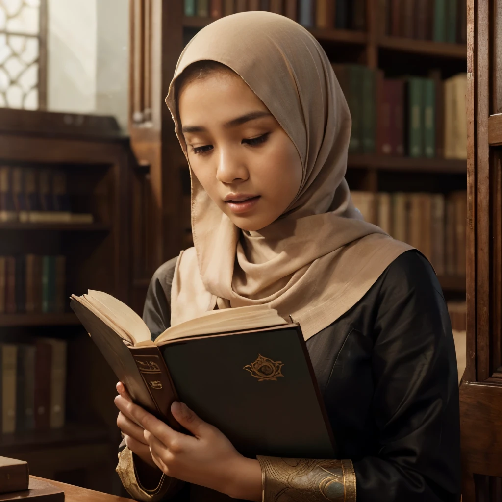 Resulting in a very detailed and real scene depicting a beautiful young Indonesian girl, elegantly wearing a hijab, wearing a Muslim dress, immersed in a library. His expression was very calm when reading the Koran. Strive for perfect photorealism and 8K ultra HD resolution with dynamic depth of field.