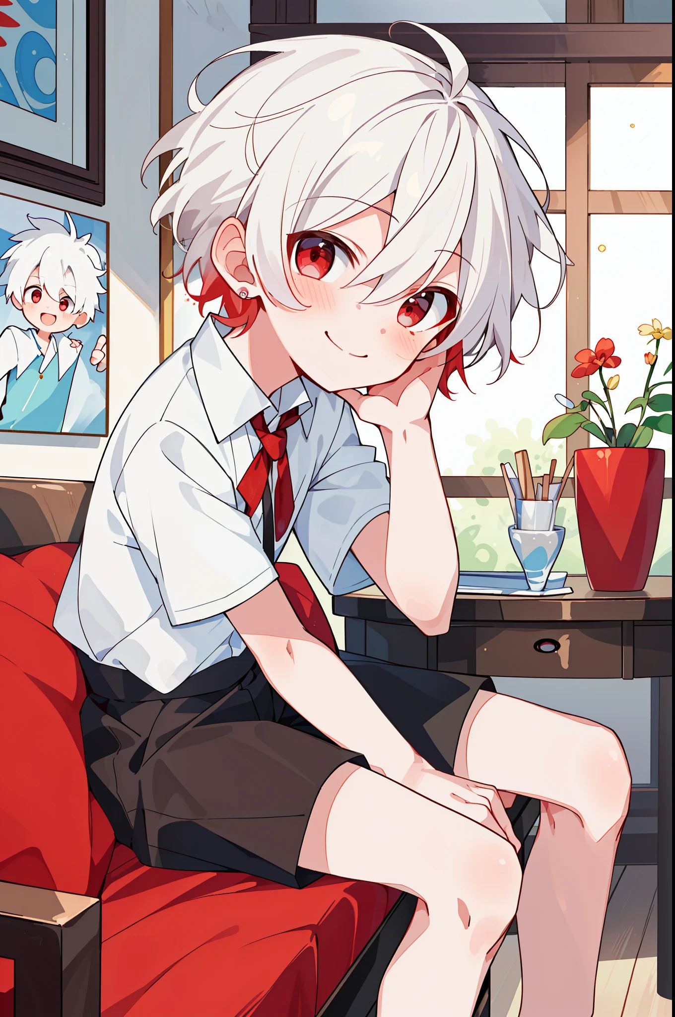 ((masterpiece)),(((best quality))), (high-quality, breathtaking),(expressive eyes, perfect face), 1boy, solo, male, short, young,  boy, short white hair, red eyes, smiling, blushing, short shorts, indoors, cute, sweet, close up