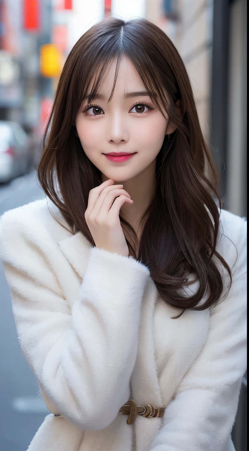 table top, highest quality, shape, Super detailed, finely, High resolution, 8k wallpaper, 完璧なダイナミックな構shape, beautiful and detailed eyes, tokyo trend冬ファッション,tokyo trend&Introducing cute hairstyles at random, small breasts, natural color lip, random sexy pose,cute smile,20 year old girl、beautiful and detailed face、perfect and beautiful face,Big eyes、Wear fluffy black outerwear with fur、beautiful detailed face、perfect and beautiful double eyelids、blur the background、perfect and beautiful face、Feminine poses、blur the background、slim face and style、blur background