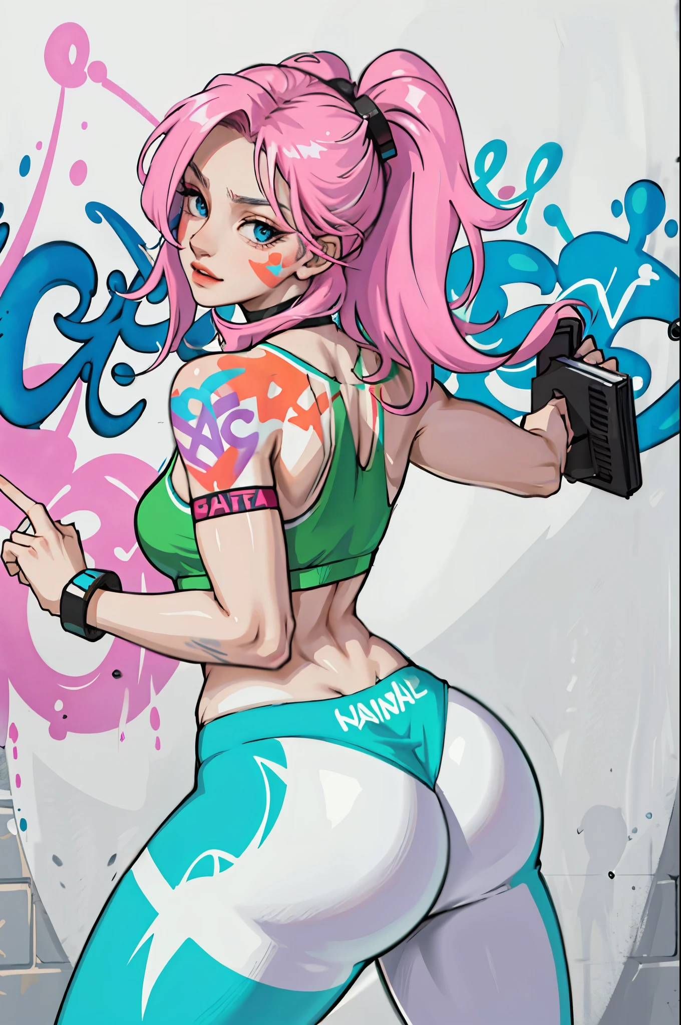 masterpiece, best quality, 25 years old beautiful woman, long hair, (mature face:1.4), 1woman, solo, crop top, gym leggings, choker, (from behind:1.4), plumb ass, thick thighs, thin waist, (graffiti:1.5), paint splatter, arms behind back, against wall, looking at viewer, armband, thigh strap, paint on body, head tilt, bored, multicolored hair (pink, blue), aqua eyes, headset