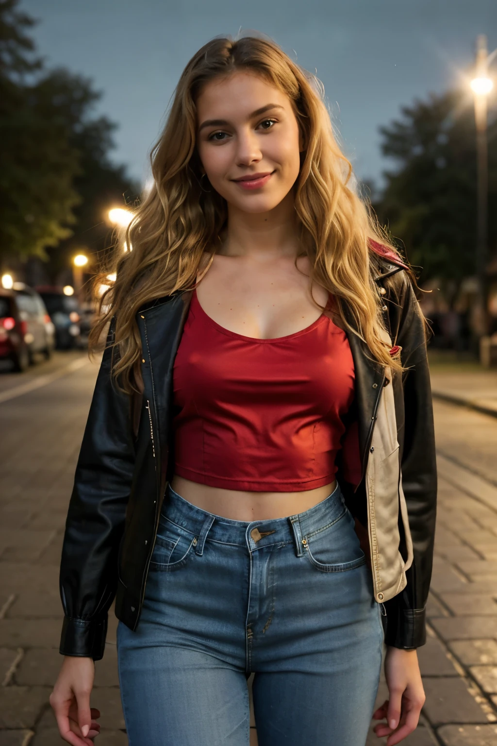 photorealistic, best quality, hyper detailed, natural amateur photo, 8k, action shot, beautiful  slim 18 year old young woman, natural makeup, very light blonde wavy loose curls hair, light blonde hair, wearing denim jeans, a red silk top, red top, black leather jacket, fully dressed, dressed, clothed, very elegant and sexy looking, fully dressed, breasts under clothing, big beautiful smile, on the stret, posing, at night, light from streetlamps, dimmed light, (focused), perky breasts under clothing, skin texture , ultra high res, best shadow, RAW, instagram LUT