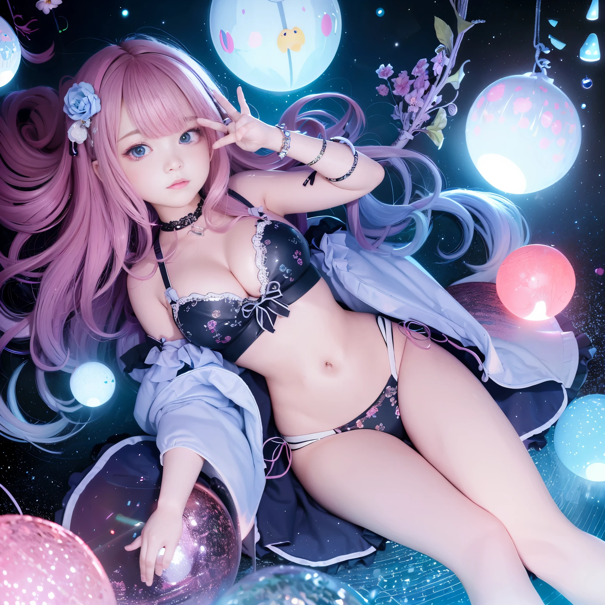 one girl、Little、Littleキャラ、anime style illustration、Deformed Character、I have dark blue hair color、two - tone、(pink highlight hair、curly hair)、floral hair band、very heavy and big 、Wow cleavage、Lace Bikini(sparkling jewel design)Countless glowing spheres float、Glowing soap bubbles、shining chandelier、underwater、Shining jellyfish