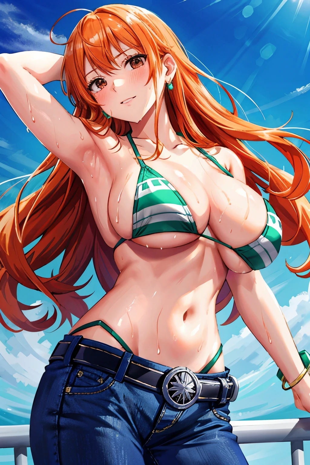 detailed background, masterpiece, 4K, amazing, anime style, highest quality, late youth, adult, wrestler body, strong, 1 girl, Active, energetic, (big mouth) , alone, we \(one piece\), 1 girl, bangle, (very damp, drenched in sweat, sweat all over, very damp hair, tired, open your mouth, exhausted, shout, sweaty face, sweaty body, sweat too much, shiny sweat, lean, put your hand on your waist, Severe, bright, please open your eyes, perfect detailed face, round face, sweaty face) bold drawn lines, muscular arms, delicate bold arm line, flat jaw, adult woman, wavy wide striped bangs, floating van, (big cheeks), bare shoulders, off shoulder, belt, bikini, bikini top only, blue null, bracelet, elastic chest, chest line, big round eyes, very large brown shiny eyes, Bubble, high eye position, cleavage, cloud, Day, denim, earrings, floating hair, shiny hair, green belt, green bikini, Bold groin line, jeans, jewelry, medium breasts, long hair, looking at the viewer, large navel, wet hair, orange hair, pants, shoulder tattoo, side lock, null, alone, Are standing, Stomach, swimsuit, tattoo , looking at the viewer, open your mouth, detailed left arm, big amount, hourglass illustration, small head, toned body, wide hair, wind effect, sun effect, under the sun, narrow small ear angle, old