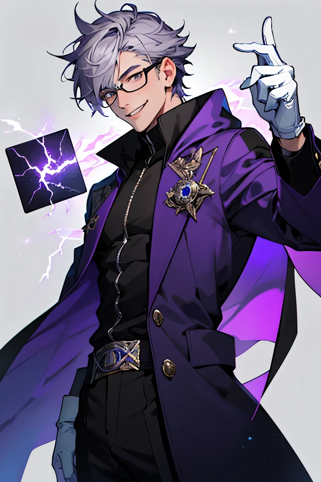Beautiful young man with gray hair and glasses。Eyes are red。Black coat with classic design decorations、white gloves。He grins fearlessly and controls the magic of purple lightning.。The background is a purple magic square。