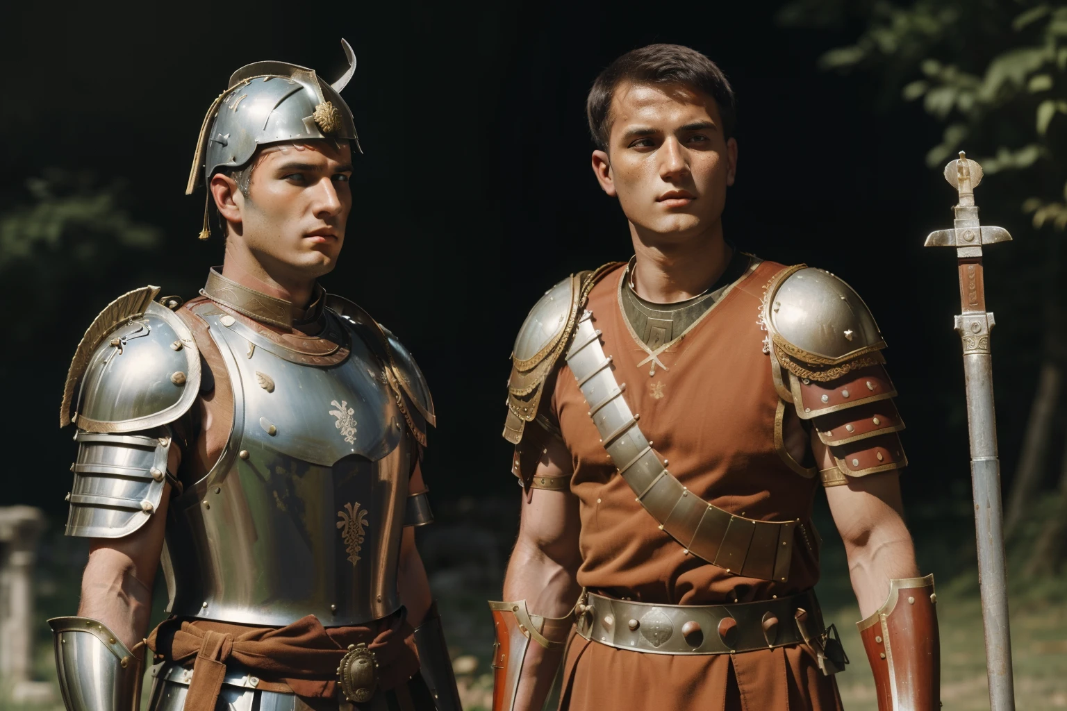 Mitilene, 77 BC. A young ((((21-year-old)) Julius Caesar)), with his friend ((Labieno)), war, battle, fight. ((((roman legionary clothings and armor from the 1st century BC))))