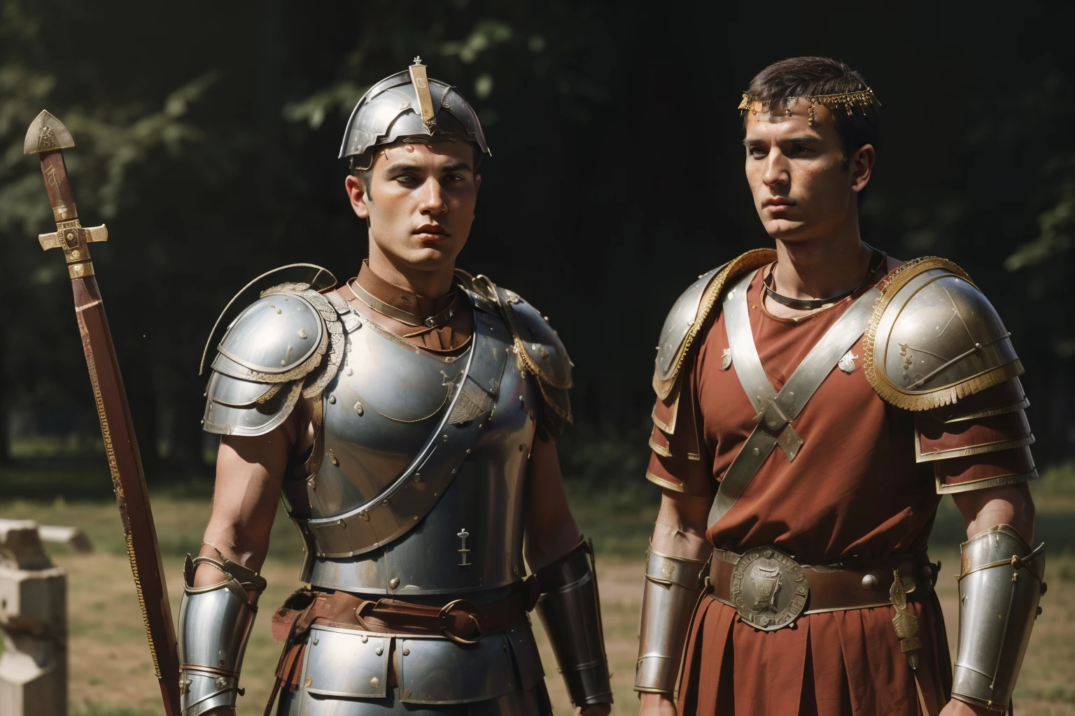 Mitilene, 77 BC. A young ((((21-year-old)) Julius Caesar)), with his friend ((Labieno)), war, battle, fight. ((((roman legionary clothings and armor from the 1st century BC))))