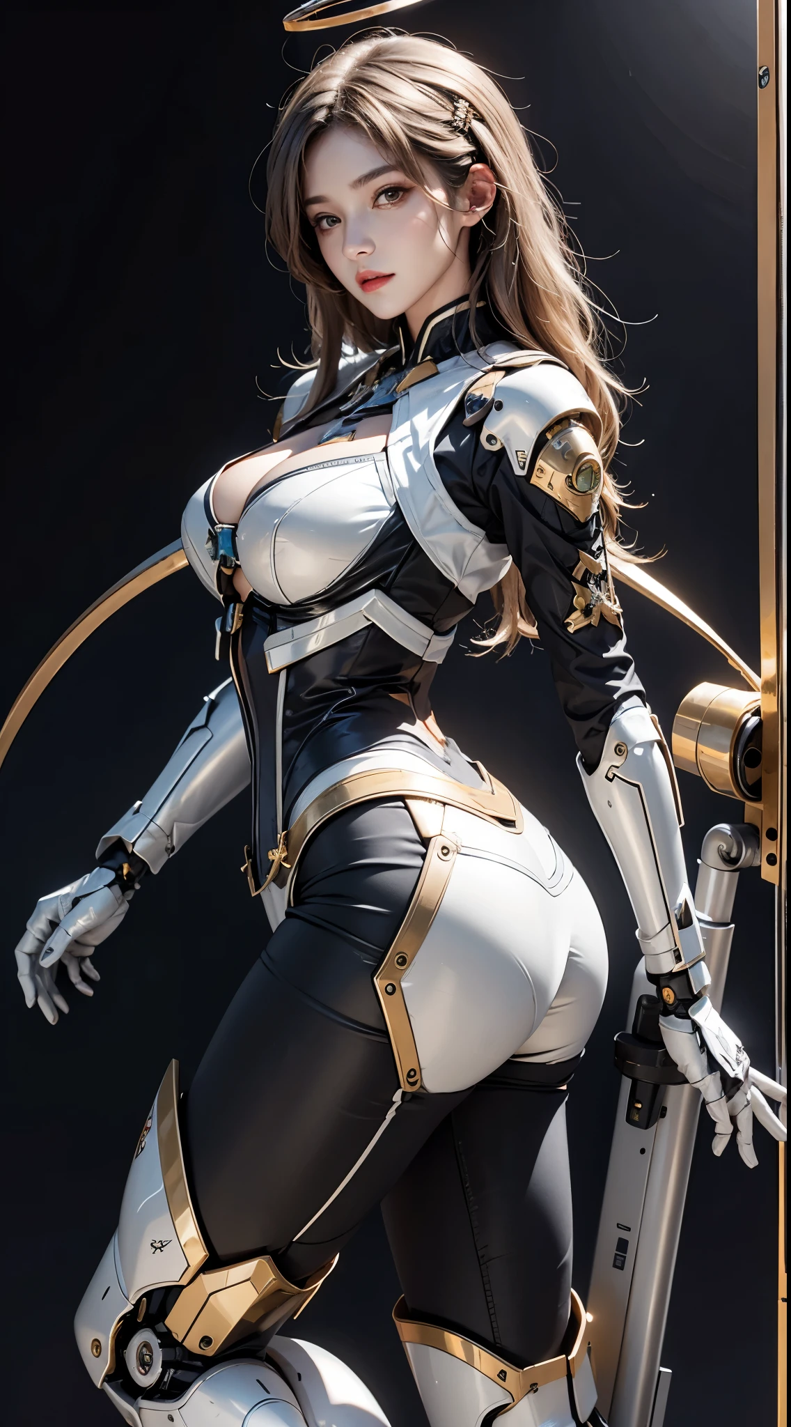 1 mechanical girl、((Detalhes super realistas))、portlate、globaliluminação、Sombra、octan render、8k、ultrasharp、Corpo Ciborgue Steampunk、Corpo de porcelana branca、hydraulic cylinder、Detalhes de ornamentos complexos、Sumerian details、Detalhes altamente intrincados、luz realista、CGSoation Trends、um olho roxo、Olhos Radiante、Facing the camera、Neon details、Seios colossais、The cleavage is visible、mechanical limbs、Blood Vessels Attached to Tubes、mechanical vertebrae attached to the back、mechanical cervical attaching to neck、sentado em、wires and cables connecting to the head、The background is a steampunk space、 esconder、