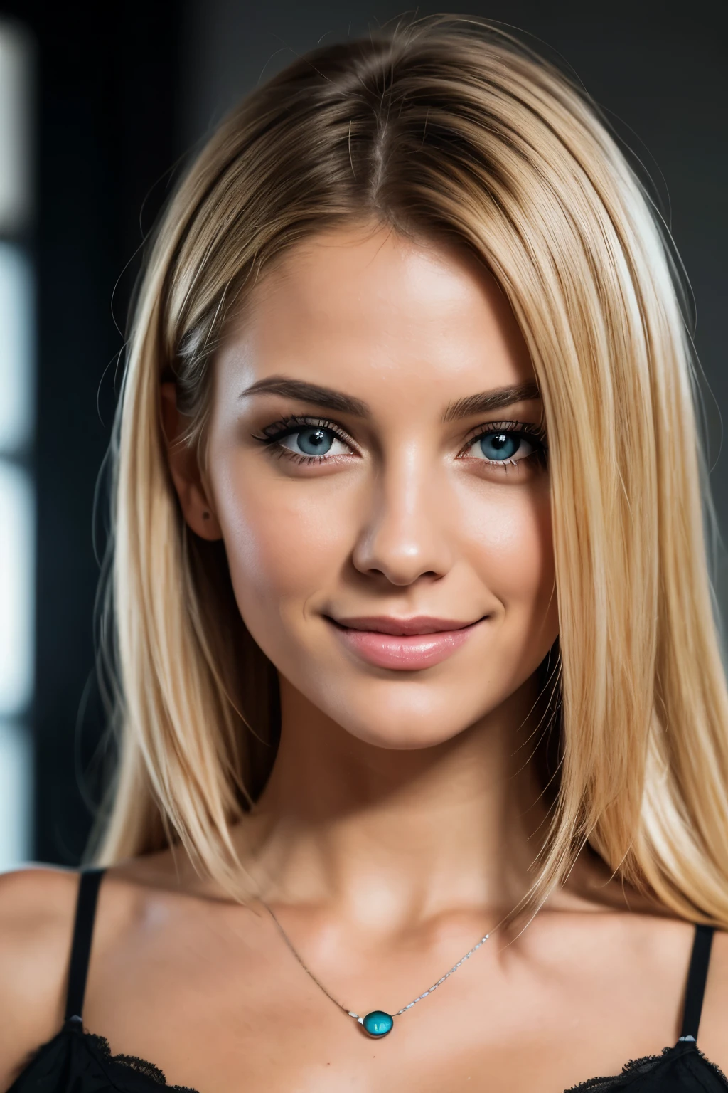 Meisterwerk, best quality, fotorealistisch, ultradetailliert, fein detailliert, high resolution, 8K-Hintergrundbild, RAW-Farbfoto, Fachmann, hoher Detaillierungsgrad, Beautiful brunette woman, (detailed brown eye socket, Award-winning photo, ((Mit Blick nach vorne)), ((Schauen Sie sich die Zuschauer an)), Kleines Licht, Geringer Kontrast, Gesichtssymmetrie, depth of field, Filmischer Hintergrund, Fotoporträt, zentrales Bild, Leuchtet sanft auf, (fein detaillierted skin), blasse Haut, realistische Hautstruktur, extreme Hautdetails, (Poren: 0.1), blonde Haare, Smile
