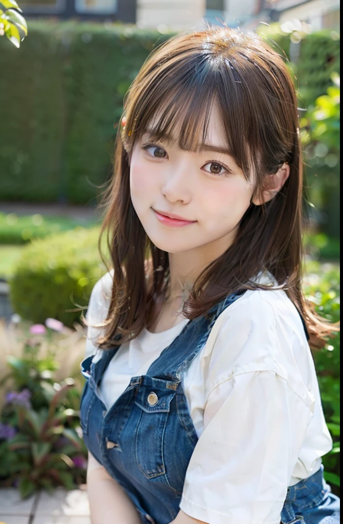 In 8K,highest quality:1.4, Super high resolution:1.5, (realistic:1.4),masterpiece:1.2,(highest quality:1.4)、 RAW photo、 (from the knees up:1.6, From the side:0.7), (background is blurry), garden,full body shot:1.4、 1 japanese girl, cute, (alone), (shy smile), smooth skin、Ｔshirt、denim shorts、 (brown medium hair,bangs), (touch hair:1.4)、Nogizaka、cute、supple fingertips,beautiful black eyes、natural skin texture:1.3, Realistic eye and face details:1.7、medium breasts、sculpture installation：1.1、tight buttocks、look at the viewer、The camera is３Move m backward:1.3、full body shot　sailor suit　Panty shot　nsfw 
