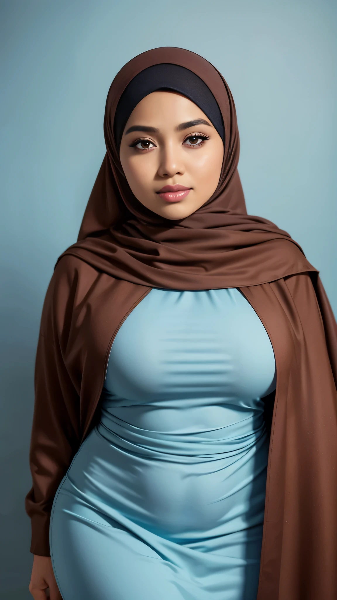 (Close Up),RAW, Best quality, high resolution, masterpiece: 1.3), realistis,beautiful Malay woman in hijab, Masterpiece,perfect fit body, big breasts, big eyes, beautiful face, Soft smile, thick thighs, Muslim woman in a light blue dress standing against a blue wall, simple dress, at instagram,, dress, instagram post, instagram, instagram picture hijab, wearing a fisher 🧥, brown clothes, full body picture, tumblr, black and brown, beautiful masterpieces, extraordinary lighting, bright colors, clean lines