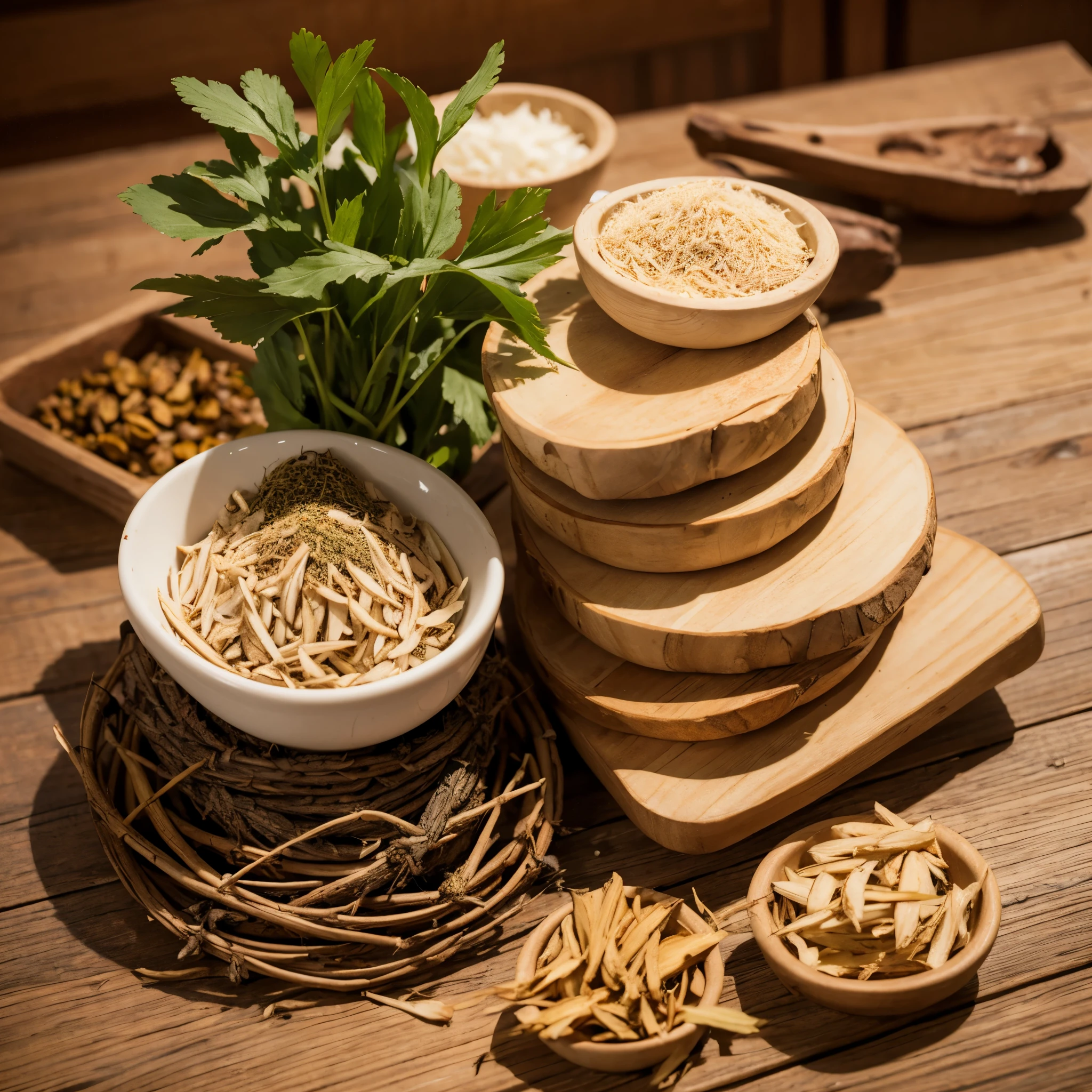 Stack of Chinese herbal medicines,ginseng,angelica
