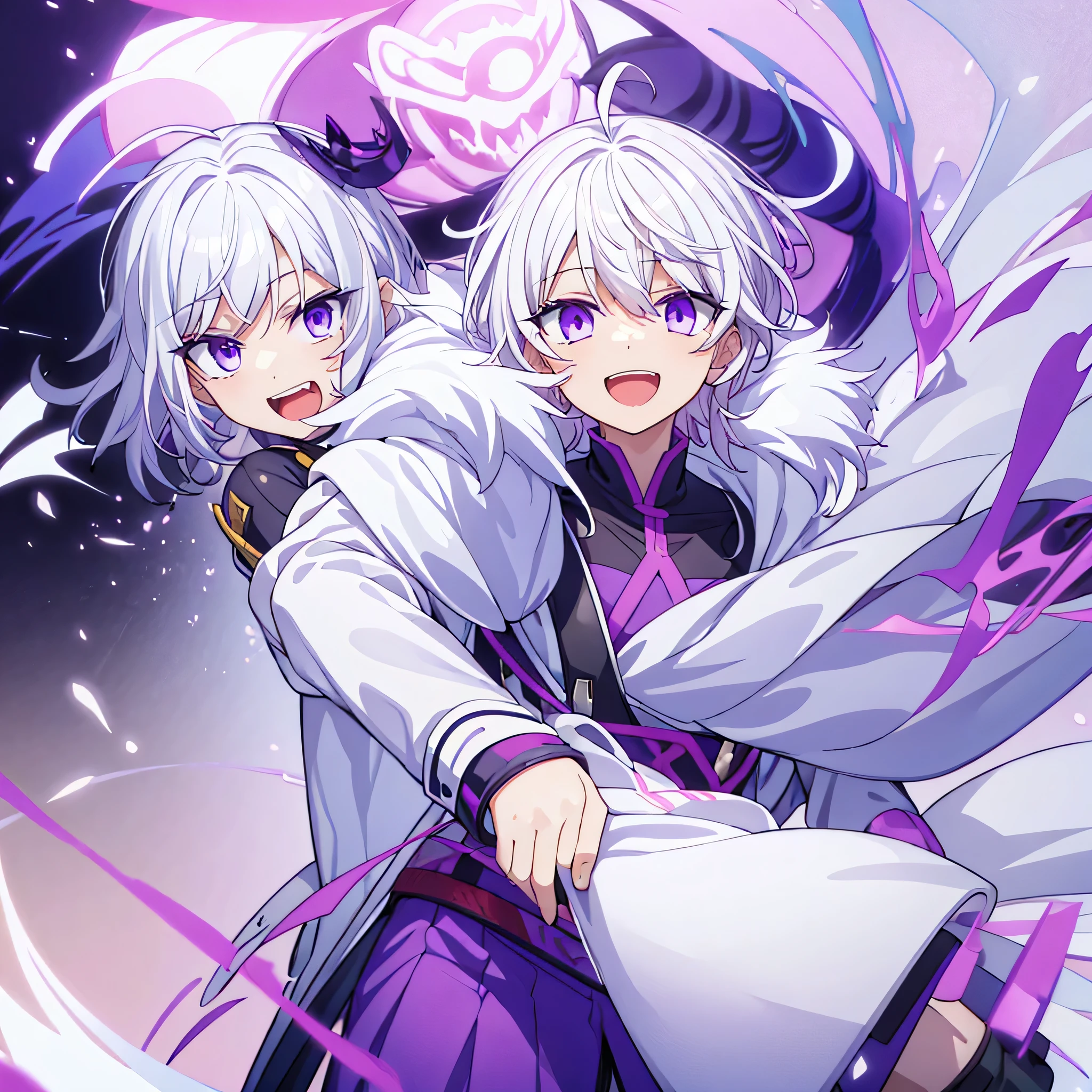 smiling male character, with white hair and purple eyes