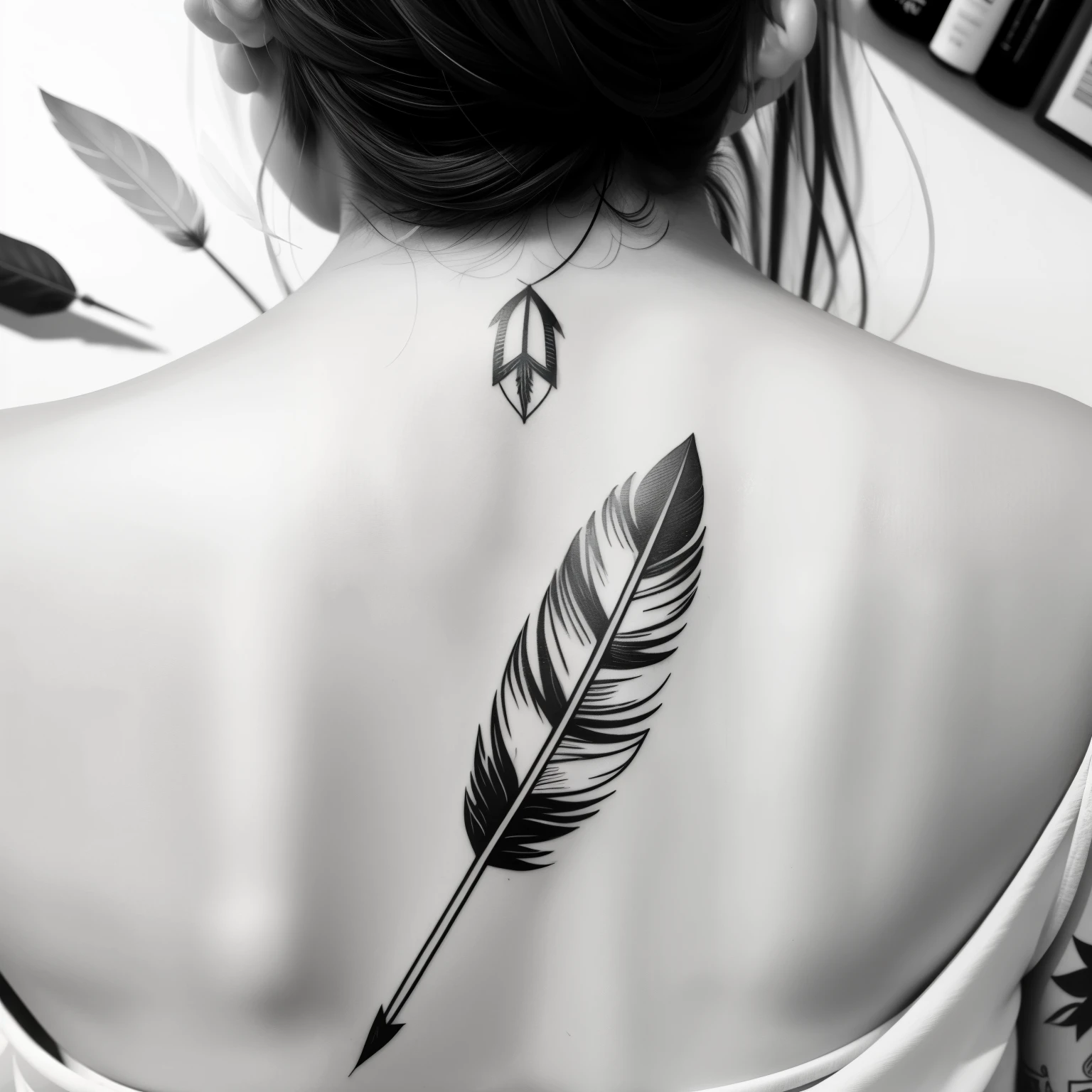 draw me a tattoo, an arrow integrate a feather, black and white
