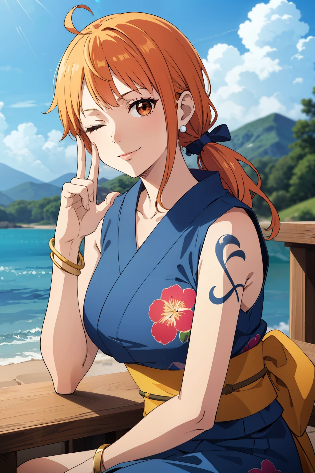 2d, masterpiece, best quality, anime, highly detailed face, highly detailed background, perfect lighting, nami, 1girl, solo, one eye closed, long hair, smile, jewelry, sash, japanese clothes, obi, orange hair, kimono, bow, light blue kimono, flower, flower print, earrings, looking at viewer, sleeveless kimono, ahoge, ribbon, hair bow, sky, day, bracelet, sleeveless, ;\), blue bow, outdoors, breasts, cloud, closed mouth, ponytail, blue sky, brown eyes, orange eyes, left shoulder tattoo, bare shoulders, very long hair, sidelocks, bangs, collarbone, upper body, left arm tattoo, bare arms, official alternate costume, blurry, hand gesture, alternate costume, medium breasts, blurry background, large breasts, eyelashes, mountain, parody, cloudy sky, sitting, shiny hair, bangle, wavy hair, 