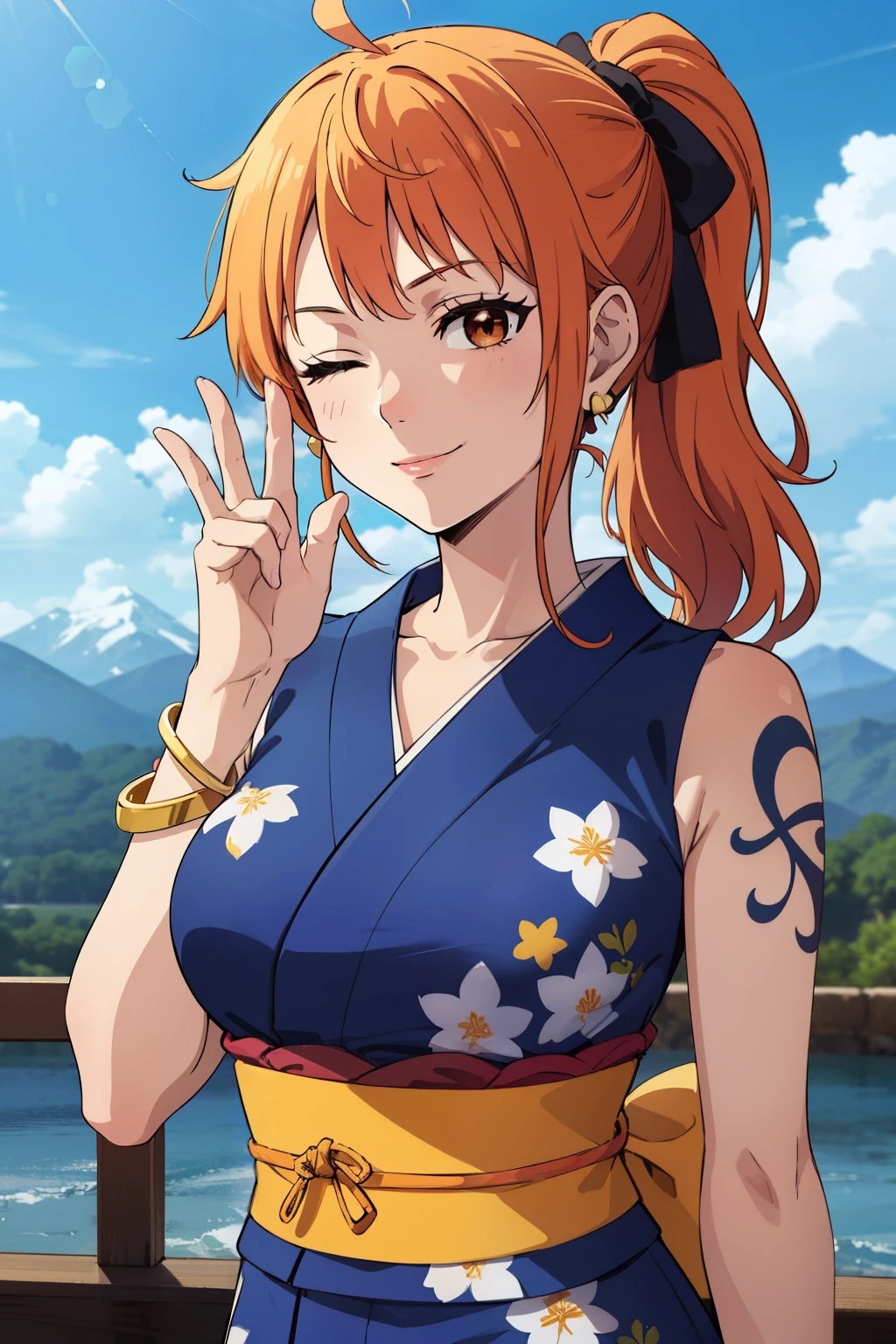 2d, masterpiece, best quality, anime, highly detailed face, highly detailed background, perfect lighting, nami, 1girl, solo, one eye closed, long hair, smile, jewelry, sash, japanese clothes, obi, orange hair, kimono, bow, light blue kimono, flower, flower print, earrings, looking at viewer, sleeveless kimono, ahoge, ribbon, hair bow, sky, day, bracelet, sleeveless, ;\), blue bow, outdoors, breasts, cloud, closed mouth, ponytail, blue sky, brown eyes, orange eyes, left shoulder tattoo, bare shoulders, very long hair, sidelocks, bangs, collarbone, upper body, left arm tattoo, bare arms, official alternate costume, blurry, hand gesture, alternate costume, medium breasts, blurry background, large breasts, eyelashes, mountain, parody, cloudy sky, sitting, shiny hair, bangle, wavy hair, 