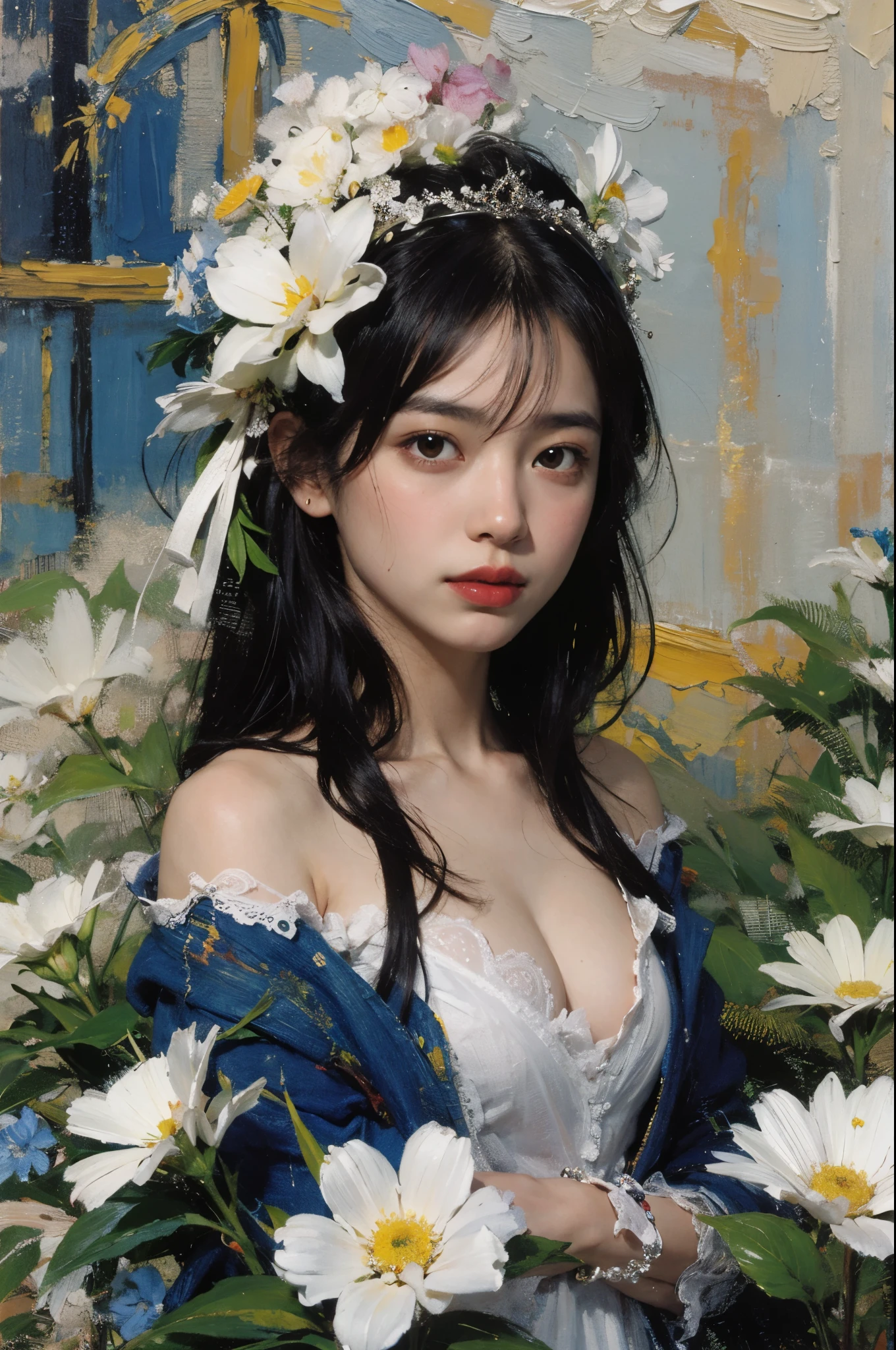  (painting:1.5),
\\
One with black hair、Woman with white flowers in her hair lies in a field of white flowers, (Amy Saul:0.248), (Liu Stanley:0.106), (a detailed painting:0.353), (gothic art:0.106)