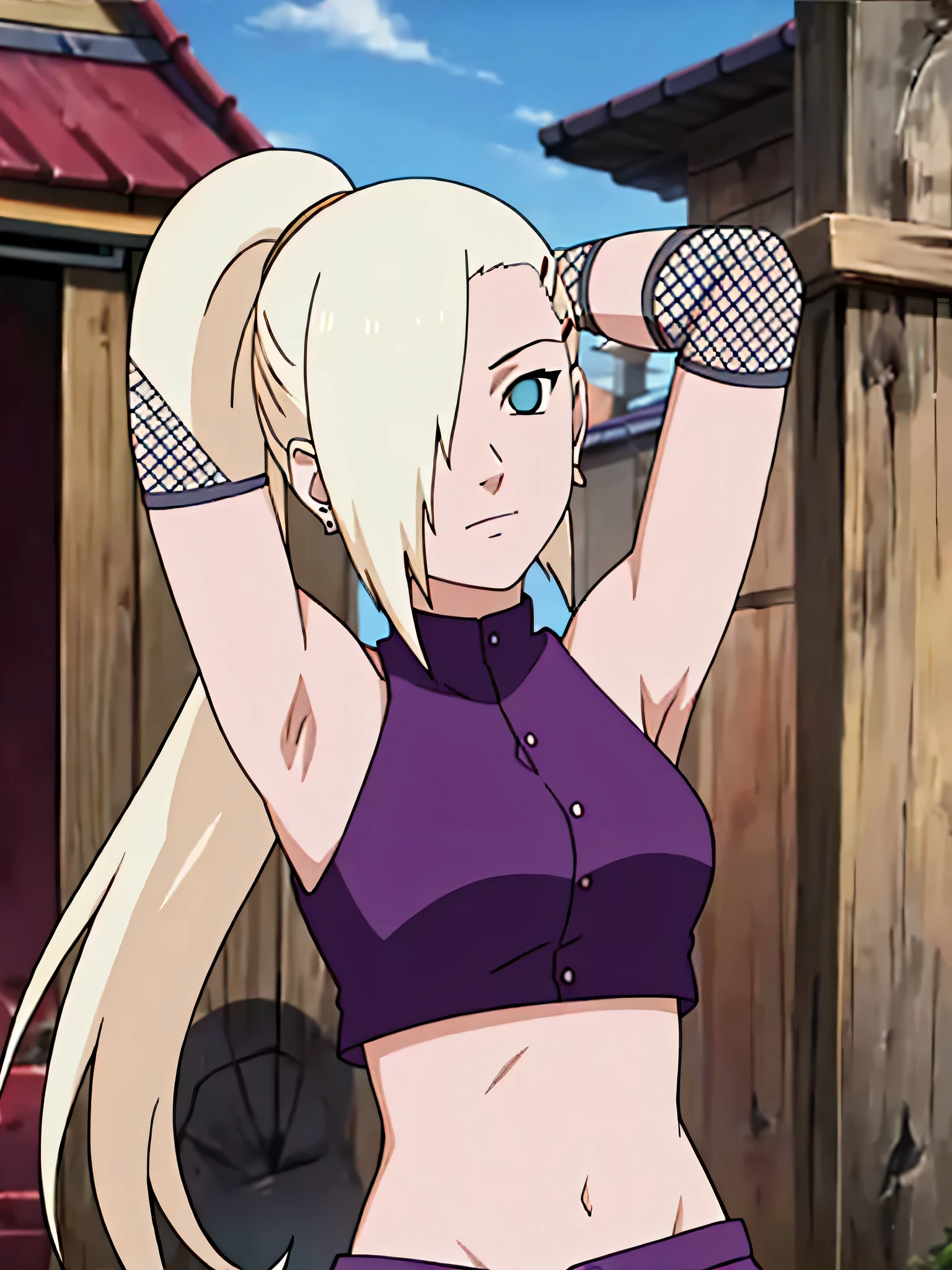 yamanaka ino, hair over one eye, ponytail, hairclip, purple crop top, sleeveless, skirt, fishnets, earrings, midriff, armpits, showing armpits, arms behind head, posing, solo, 1girl