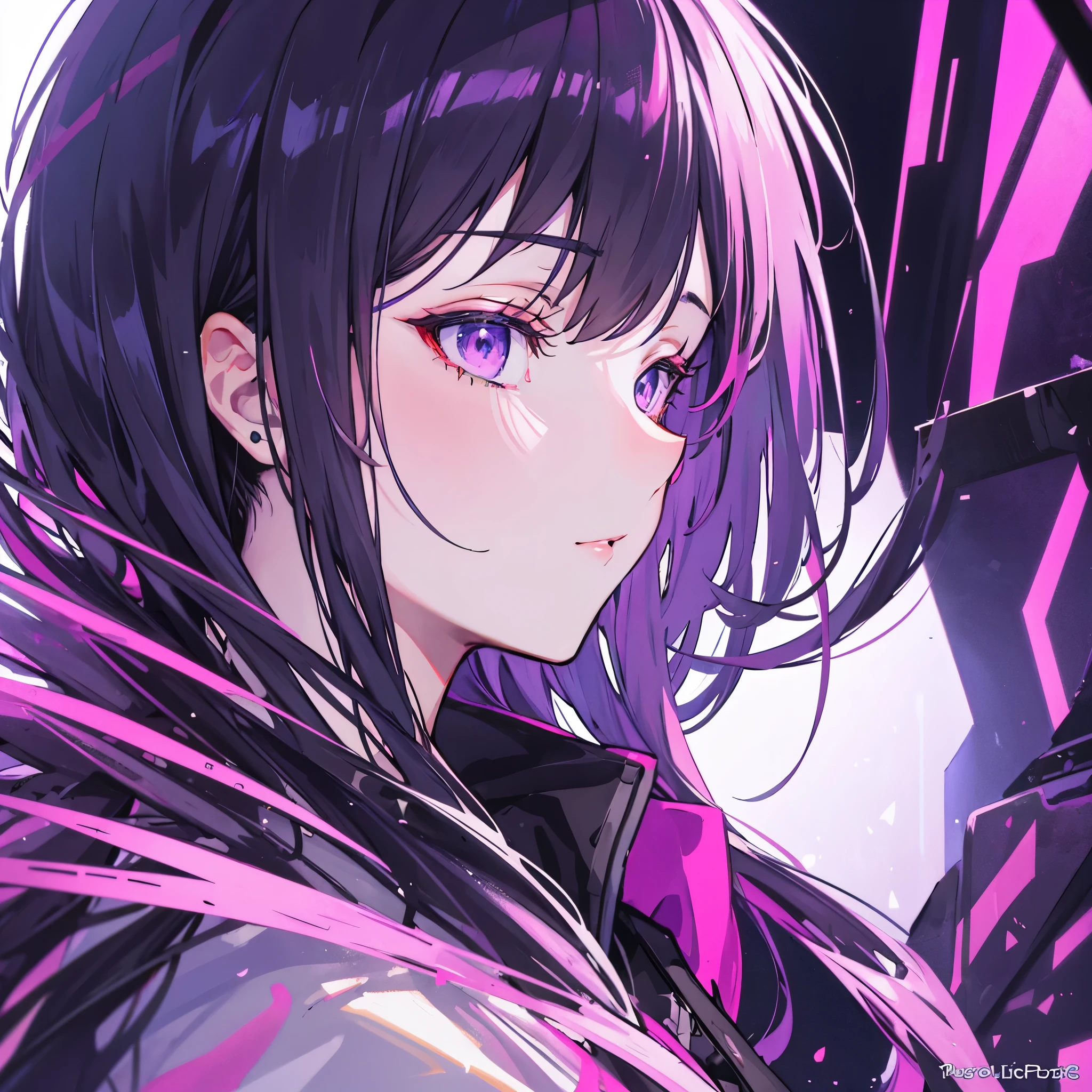 ((Best quality)), ((masterpiece)), (detailed), perfect face, Anime Girl, Fortnite, аниме Fortnite, Fortnite anime, Gamer, Cyberpunk background, Pink shades, in profile, Purple hues,