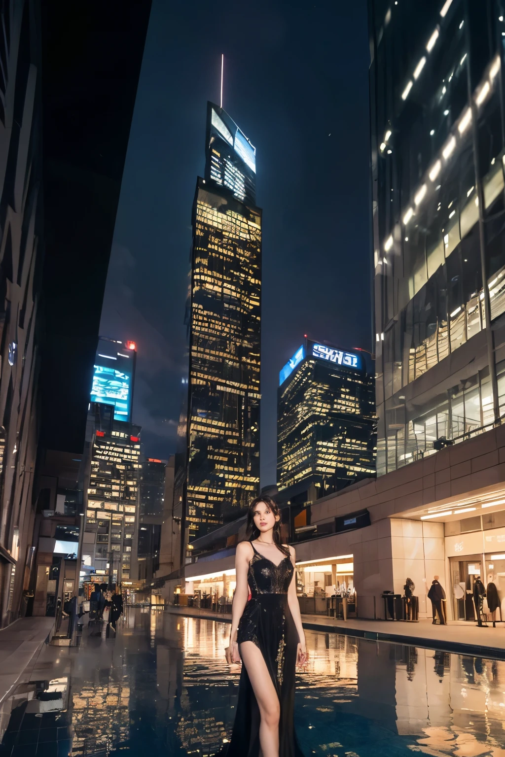 ((table top:1.4, highest quality)), (realistic pictures:1.4),
((1 girl)), glossy black hair,
(超High resolution:1.2), very delicate and beautiful, wonderful,
Highly detailed CG Unity 8K wallpaper, Super detailed, High resolution, soft light,
beautiful detailed girl, highly detailed eyes and face, beautifully detailed nose, beautiful and detailed eyes,
(Gorgeous long dress:1.4),
cinematic lighting, perfect anatomy, slender body, firm chest,
(Build a night city), (Glass-walled skyscrapers:1.4), (The beauty of the lights of commercial facilities reflected on the buildings at night:1.4), (Beautiful form with an inorganic atmosphere),
cowboy shot, looking at the viewer