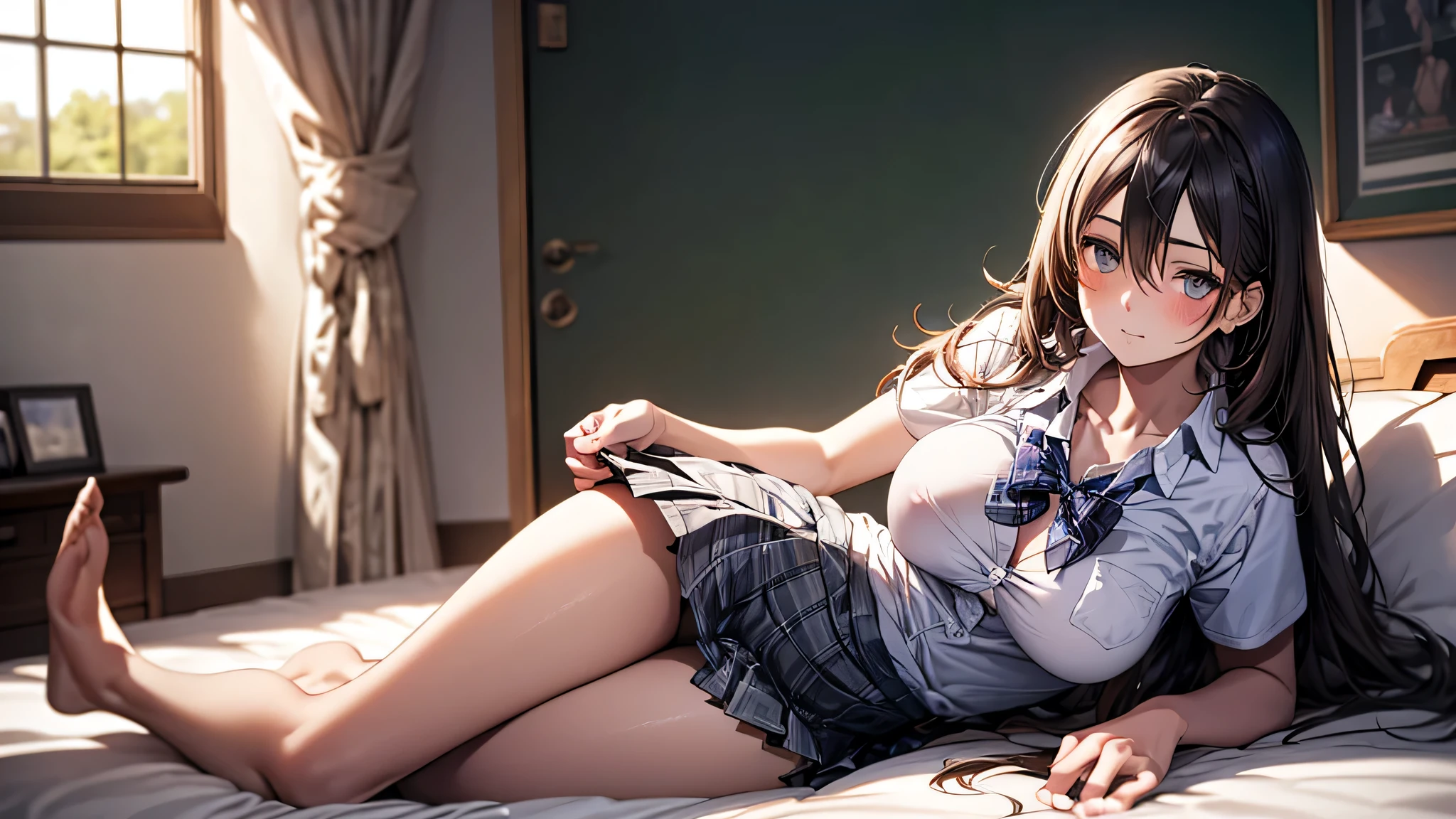 (masterpiece:1.2, highest quality), (realistic, photorealistic:1.4), beautiful illustrations,
looking at the viewer, whole body, Side view:0.6,
1 girl, Japanese, high school girl, (long hair:1.5), blown hair, (half up, half updo), bangs, hair between eyes, :0.8,
beautiful hair, beautiful face, beautiful and detailed eyes, beautiful clavicle, beautiful body, beautiful breasts, be thighs, beautiful feet, beautiful fingers,
(beautiful scenery), , on the bed in the bedroom,
((Short sleeve shirt with collar, Short white shirt, school uniform, Grey plaid pleated skirt, Blue plaid bow tie)), white panties,
(Lying, the skirt, put your hand on your chest),
blush, ,