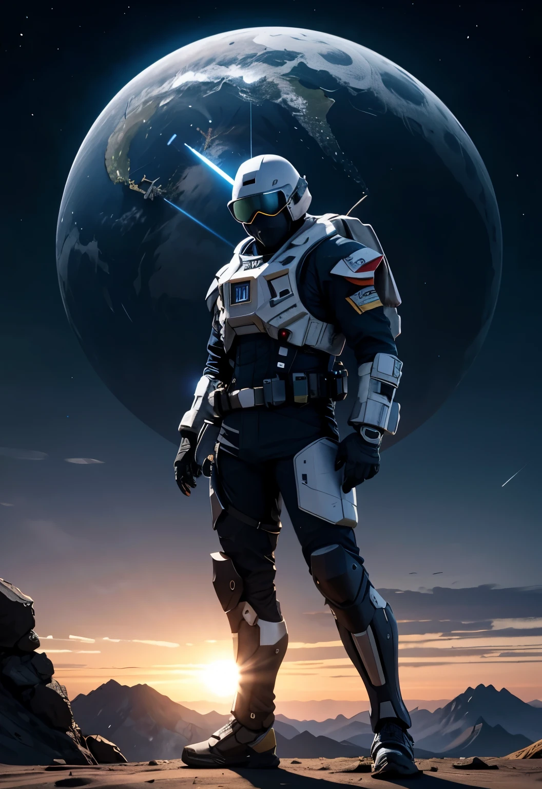 Perfect centering, Wear a jacket, Wearing sunglasses,Wearing a helmet, Standing position, Centered, look at camera, towards the camera, approaching perfection,Earth Defense Force, moonlight, very detailed, sharp focus, 8K, Night view of the building,Combat equipment