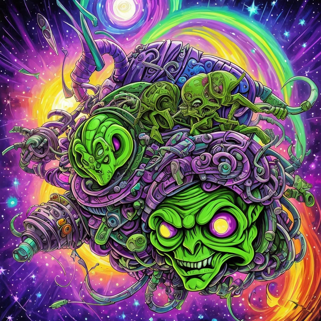 Painting of a cartoon alien with a brain in his head, muscleman zombie, lutin, Psychedelic organic cyborg, Cybernetic Demon Dream, Psychedelic cosmic horror,  maleficent, Carrying a Psyschonaut Demon, cerveau dans une cuve!!!, Horreur chamanique ??? Art