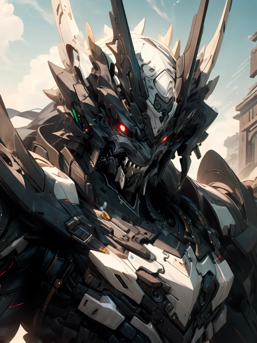 giant mecha, ((close up of face)), Western armor inspired by ninjas, Has an assault rifle, cute face, ((Ninja mask imitating a demon, Mecha&#39;s mouth)), open your mouth and show your fangs, muscular, toned body, small breasts, (silver hair), red highlights, four red eyes, (acrobatic pose:1.1), top of the mountain, view audience, ((black and gold armor)), long hair, Perfect Hip, serious expression, masterpiece, highest quality, 8K, Super detailed, perfect face, detailed face, fine eyes, hard lighting, dynamic shadow, maximum clarity and sharpness, multilayer texture, Increase depth of field, sunlight shines in,