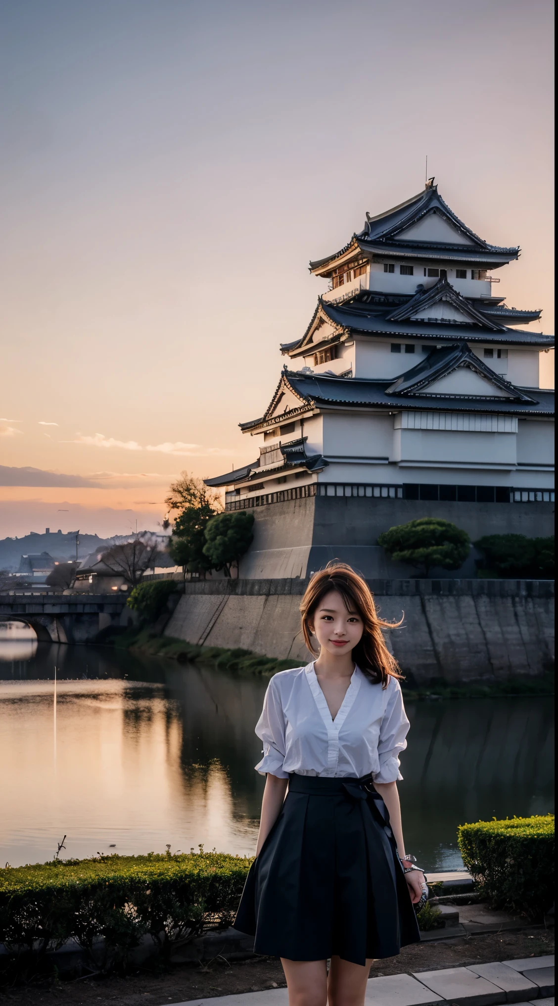 Photographed with Himeji Castle dyed in the sunset in the background