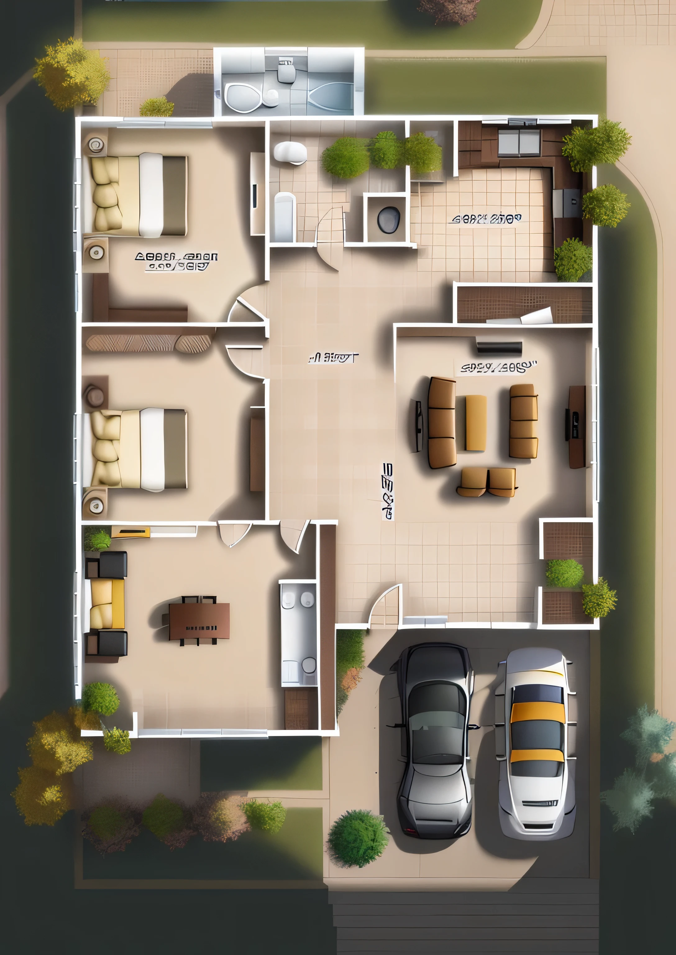 a drawing of a floor plan of a house with a garage, floor plan, plan, plan drawing, architectural plan, overhead ground floor, single floor, 2 d overhead view, floor plan view, ground level, ground level view, ground - level view, ground-level view, plans, architectural plans, layout, shaded, ground, floor, above view, warm shading. realistic render of the given layout without any alteration