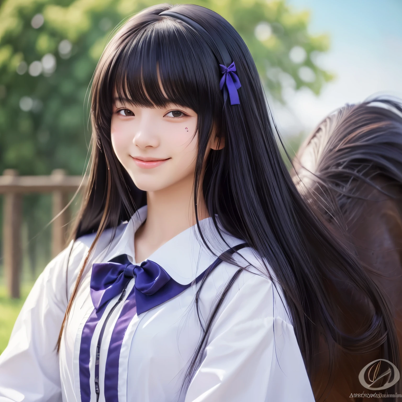 (best quality,4k,8k,highres,masterpiece:1.2), ultra-detailed, (realistic,photorealistic,photo-realistic:1.37), girl with long black hair and bangs covering one eye, gently smiling, high school student, classical lolita, full-body illustration, purple eyes, with a horse's tail growing.