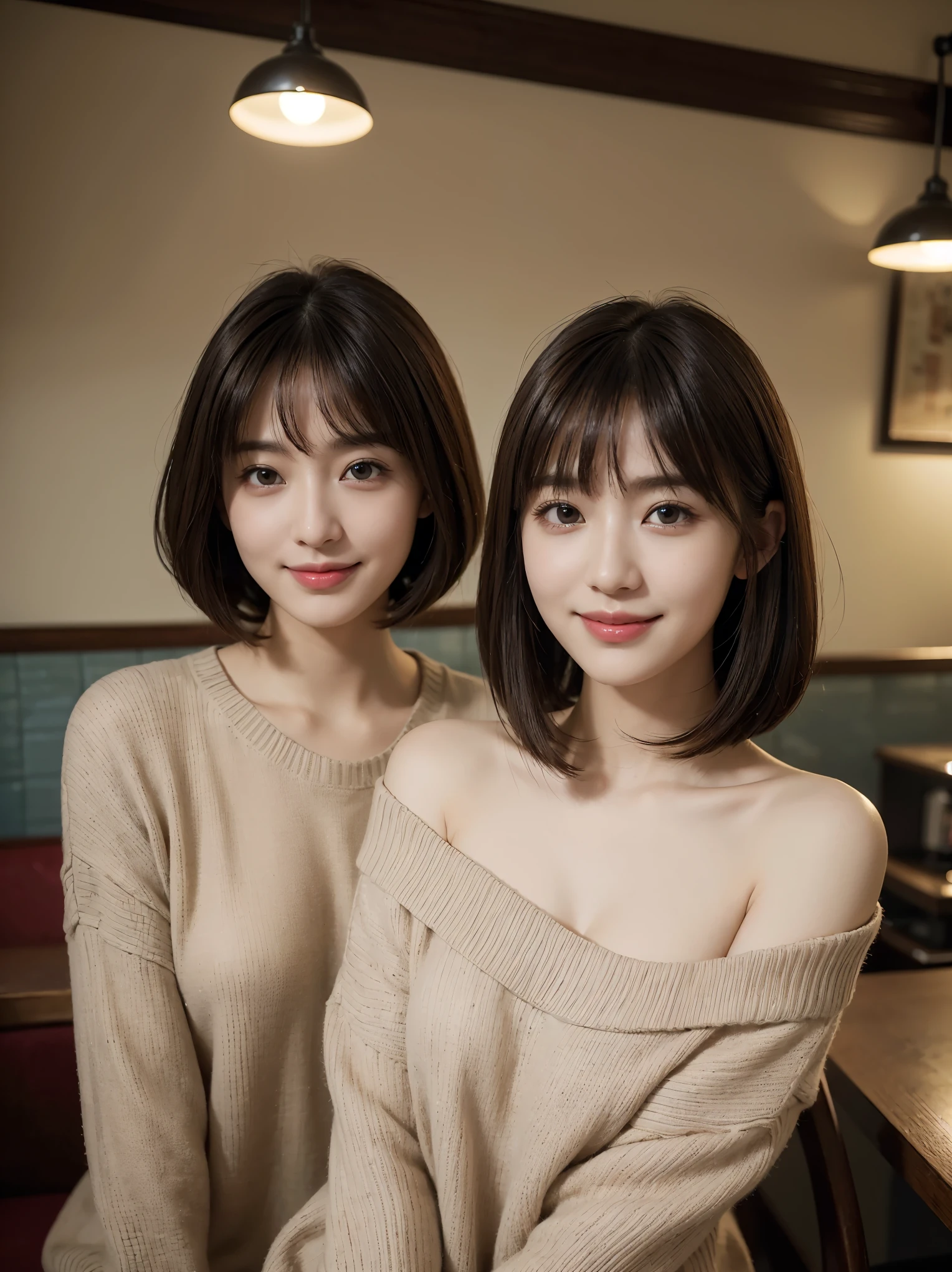 ((Detailed and super high quality:1.3)),((Realistic and super high quality:1.3)),((photo reality:1.3)),((Very realistic texture:1.3)), Japanese、Beautiful fair and transparent skin、(Very well-groomed and beautiful shiny straight bob hair:1.2)、See-through bang Sink bangs Idol nogizaka46((super detail face))pay attention to details、double eyelid、sharp focus:1.2 Light brown hair、highest quality、ultra high resolution、(From photoreal:1.4)、Highly detailed and professional illuminated smile、loose and light knitwear、shoulder out、thin、gentle expression、shy smile beautiful breasts stylish fashion coordination The background is a stylish old coffee shop