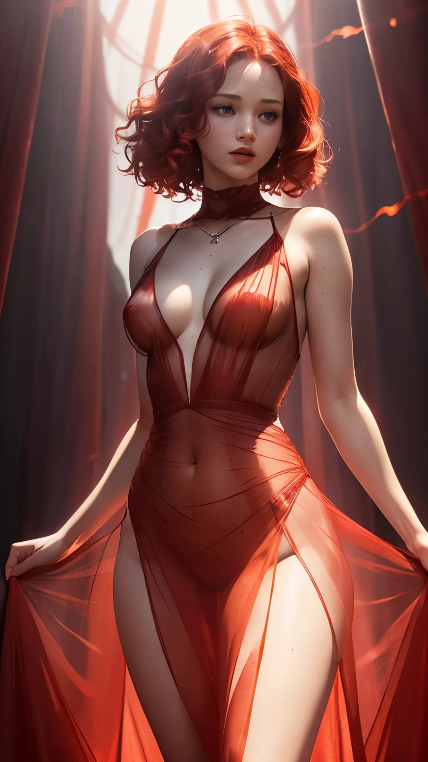 Jennifer Lawrence's face, mystical film version, red dress, long dress, tight dress, transparent dress, chiffon dress, (((buttocks visible under the translucent fabric))), breasts small, nipples, athletic body, red hair, red lips, curly hair, short hair, (((transparency on the buttocks))), (((buttocks visible under the translucent fabric))), shot from behind.