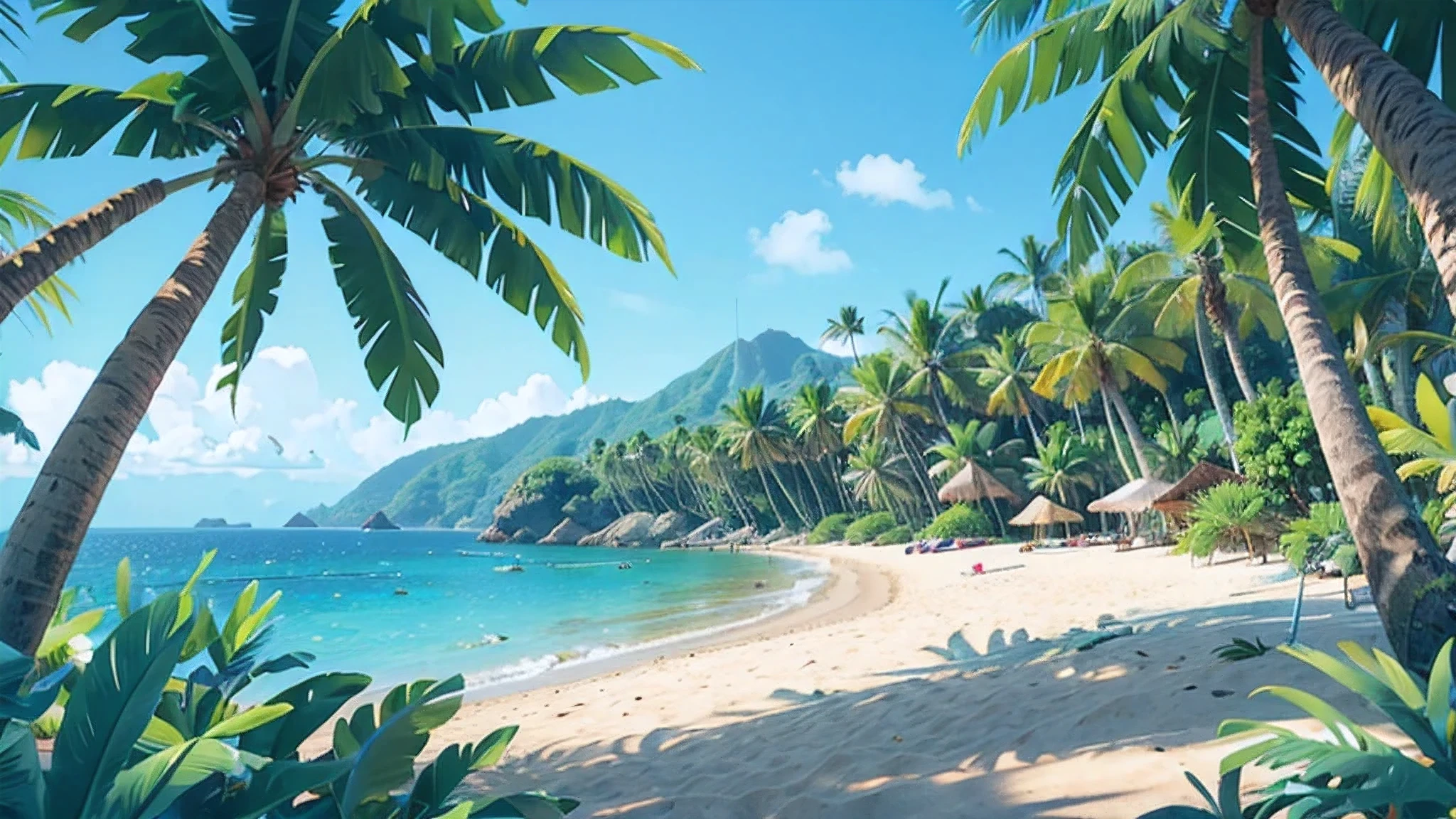 The wide sea of a tropical summer,Spacious beach,palm trees are growing,Sunny daytime,8K,highest quality,