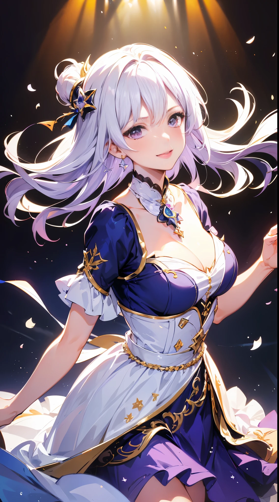 (highest quality),(4K), [Very spectacular detail CG painting]!!,(cheering stick),(((masterpiece,))) (Super detailed),(((Idol,JK hybrid))),(intricate details),(nature,cute face),((((Beautiful stage)))),(dynamic angle,)(Aggressive winds),(dynamic lighting),(bloom,Synthwave), (reality: 0.7), Cleopatra VII,long eyelashes,Watery eye,Reflected eyes,shadow of the eyes,light purple eyes,long hair,gradient hair, Purple Hair God,floating hair,((elegant and understated fabrics)),enchanting smile
