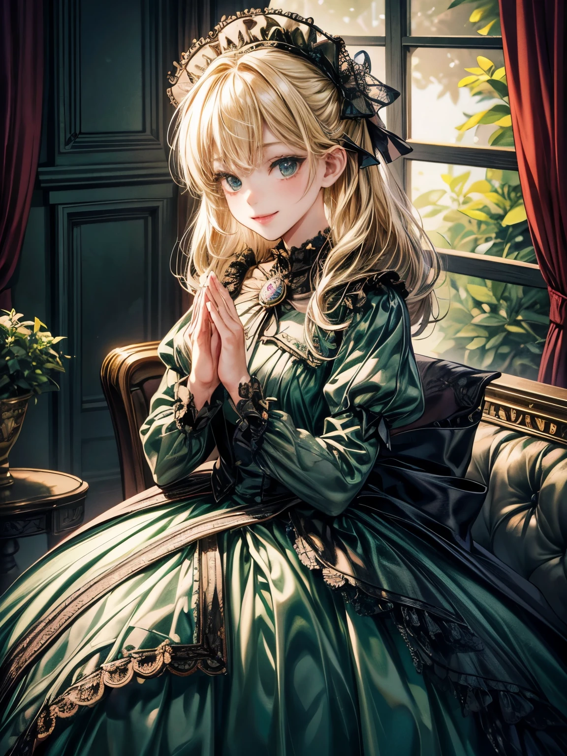 prompt: 8K resolution, delicate features, , single, unique students, shy smile, blonde, princess cut, Bow hair ornament, brooch, shiny dark green dress, ****ta style, gothic style, Folded hands, facing the viewer, Otaku Room, Female imps