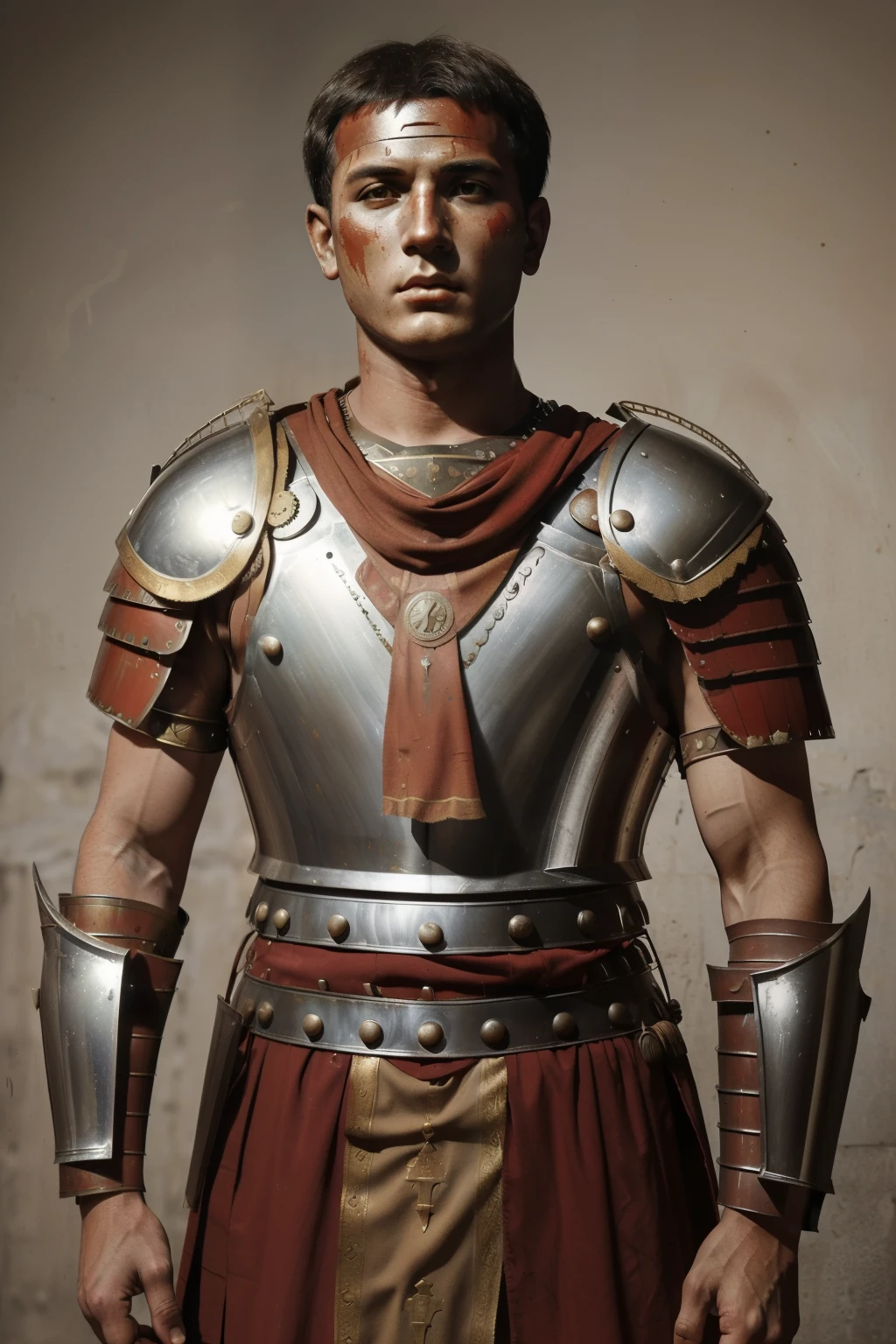 Mitilene, 77 BC. A young ((((21-year-old)) Julius Caesar)), war, battle, fighting, stained with blood, blood in his face. ((((roman legionary clothings and armor from the 1st century BC))))