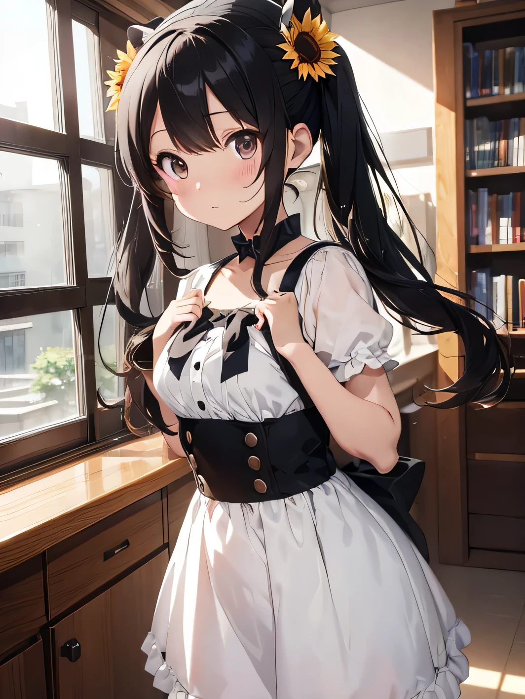 Anime girl wearing white clothes,black braids, There is a black bow on the chest, Wearing a white bunny ear headband, Anime cute art style, Anime visual of a cute girl, Stand in the library, Cute anime waifu wearing nice clothes, lolita in skirt, official artwork, beauty , Standing in the flower field, pretty anime girl, Smooth anime CG art, beautiful sunflower anime girl, wave, black eyes