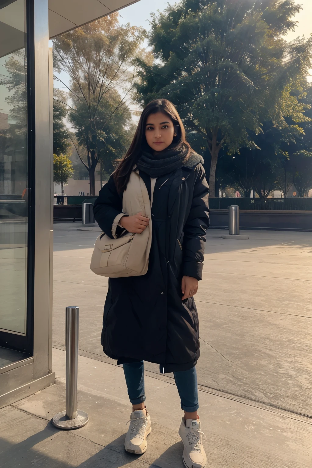 a girl wair a winter clothes and she standing on the Delhi airpoart with big bage stile realpic